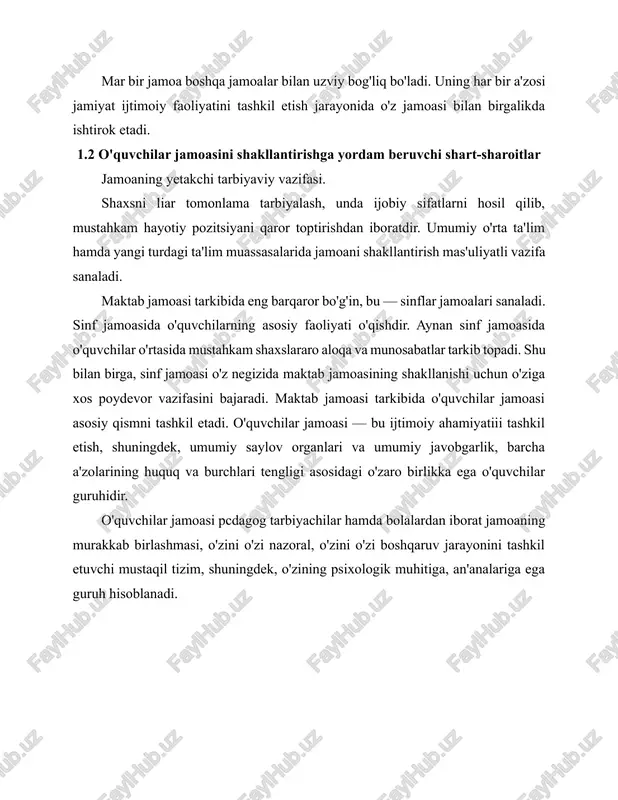 ka sohasidagi yangiliklarni joriy etish. tarbiya mazmunini uzluksiz yangilab borish. umumiy va milliy qadriyatlar sohasidagi yangi-yangi ijodlarni o'rganib borish. tarbiya jarayonida o'quvchi bilan o'quvchi faoliyatini optimal-lashtirish, faollashtirish. ularning ichki ruhiyati va tarbiya darajasini kengaytirish. lmiylik-yangi usul, vosita muammosi holatlaridan foydalanib, o'quvchilarni mustaqil fikrlash va o'zini anglashga o'rgatish. buning uchun bolalarni rejadagi mavzular asosida amaliy faoiiyatga jalb etish muhimdir. ilg'or tajribalarga suyanish. tarbiyaning maqsadini aniqligi, mazmuniningzamonaviyligi, milliy ma'naviy qadriyatlar bilan boyitilishi, o'quvchining ijodiy mustaqil faoliyati, tarbiya jarayonida maqol, matal, crtaklardan o'rinli foydalanish, o'yin teks savollari, ko'rgazmali qurollar, savol va topshiriqlardan foydalanish. yangi pedagogik tchnologiyani amalga oshirish uchun o'qituvchi nazariy chuqur bilimlarga ega bo'lishi kerak o'yin. suhbat, bahs. uchrashuv, ertalik, oilada, jamoat joylarda, mahallalarda har bir dars maqsadining aniqligi, larihiyligi va zamonaviyligi bilan odob-ahloq tushunchalarini tarbiyalashga qaratilishi. 2.2 guruh rahbarining oila va jamoatchilik bilan olib boradigan ishlari har bir inson farzand ko'rish va uni voyaga yetib borishini to'rt ko'zlab, kuzatayotganidan allohga hamdu …