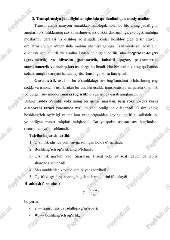 sofa suv so‘rilish miqdorini bildiradi. hisoblash formulasi: bu yerda: · t — transpiratsiya jadalligi (ml/m²·soat), · v — so‘rilgan suv hajmi, · s — barg yuzasi, · t — vaqt. afzalliklari: · natijalar aniq va o‘lchovlar tez bajariladi. · o‘simlik shikastlanmaydi, uzoq davom etuvchi tajribalarda foydalanish mumkin. · yorug‘lik, harorat, namlik ta’sirini kuzatish qulay. kamchiliklari: · so‘rilgan suv miqdori transpiratsiyaga to‘liq teng emas (bir qismi o‘sish uchun sarflanadi). · asbob noaniq joylashtirilsa, havo pufaklari natijani buzadi. potometrik usul o‘simliklar fiziologiyasi bo‘yicha dars va laboratoriya ishlarida keng qo‘llaniladi. bu usul yordamida atmosfera namligi, harorat, shamol tezligi kabi omillarning transpiratsiyaga ta’siri o‘rganiladi. kobaltli qog‘oz usuli — transpiratsiya jadalligini vizual (ko‘rinarli) tarzda aniqlash imkonini beruvchi sodda, ammo samarali usuldir. bu usulda kobalt xlorid (cocl₂) eritmasiga botirilgan filtr qog‘oz ishlatiladi. kobalt xlorid quruq holatda ko‘k rangda, nam holatda esa pushti rangga aylanadi. ushbu xususiyat transpiratsiya jarayonida o‘simlik barglari yuzasida suv bug‘ining chiqishini aniqlash imkonini …