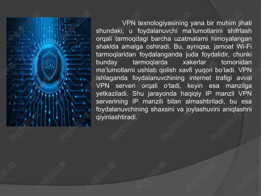 (virtual private network) — bu zamonaviy axborot xavfsizligi tizimining ajralmas qismi bo‘lib, u foydalanuvchilarga internet orqali xavfsiz, shifrlangan va maxfiy aloqa kanalini taqdim etadi. vpn texnologiyasi yordamida foydalanuvchilar o‘z ma’lumotlarini himoya qilgan holda global tarmoqqa ulanadi, ip manzilini yashiradi va geografik cheklovlarni aylanib o‘tadi. bugungi kunda vpn nafaqat oddiy foydalanuvchilar, balki yirik korxonalar, ta’lim muassasalari va davlat tashkilotlari tomonidan ham keng qo‘llanilmoqda.vpn turlari — masofaviy kirish, saytlararo bog‘lanish va mobil vpn kabi shakllarda bo‘lib, ularning barchasi ma’lumot almashinuvi xavfsizligini oshirishga xizmat qiladi. shuningdek, pptp, l2tp/ipsec, openvpn va wireguard kabi protokollar vpn tarmog‘ining asosiy texnik poydevorini tashkil etadi. har bir protokol o‘zining afzalliklari va cheklovlariga ega bo‘lsa-da, ularning umumiy maqsadi — ishonchli, xavfsiz va barqaror aloqani ta’minlashdir.vpn texnologiyasi raqamli xavfsizlik, shaxsiy hayotni himoya qilish va erkin internetdan foydalanish imkoniyatlarini kengaytiruvchi eng muhim vositalardan biri hisoblanadi. shu sababli, raqamli davrda vpn tarmoqlaridan oqilona foydalanish har bir foydalanuvchi uchun axborot madaniyatining ajralmas qismi …