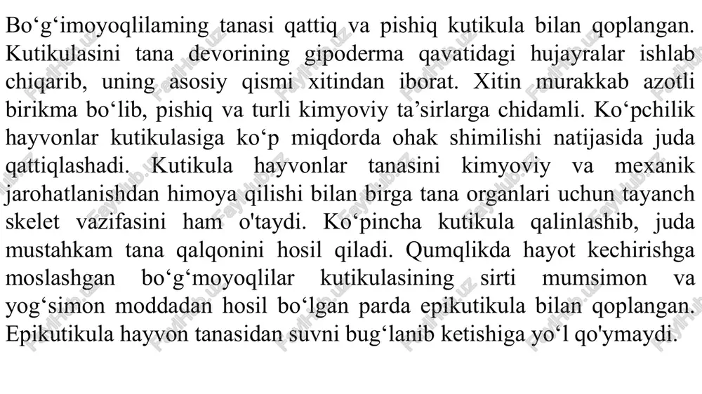 organlari rivojlanmagan. ulaming kutikulasi juda o‘tkazuvchan bo‘lganidan tana yuzasi orqali nafas oladi. bunday qisqichbaqasimonlar faqat suv havzalarida va nam tuproqlarda yashay oladi suvda hayot kechiruvchi bo‘g‘imoyoqlilar ayirish sistemasi halqali chuvalchanglar metanefridiylarining o'zgarishidan hosil bo‘lgan bir juft naysimon bezlardan iborat. bu bezlaming tashqi chiqarish yo'li ko'krak oyoqlar yoki antennalar asosiga ochilganligi sababli, ular koksal bezlar deyiladi. quruqlikda yashovchi bo'g'imoyoqlilar - o'rgimchaklar, ko'poyoqlilar, hasharotlarda o'ziga xos ayirish sistemasi mal’pigi naychalari rivojlangan. naychalar orqa ichakning oldingi qismiga ochiladi. quruqlikda yashovchi bo'g'imoyoqlilar namni juda tejab sarflashga moslashgan. hazm bo'lmagan oziq qoldig‘i va siydikdagi ortiqcha suv orqa ichak devori orqali yana qonga so‘riladi. bundan tashqari qumqlikda yashashga o‘tgan bo'g'imoyoqlilar maxsus yog' tanachalarida yog' to'plash xususiyatiga ega. hayvon organizmida suvga muhtojlik sezilganda yog' oksidlanib, metabolitik suv hosil qiladi. suvda yashovchi bo'g'imoyoqlilarda yog' to'planmaydi. nerv sistemasi halqali chuvalchanglarga o'xshash tuzilgan bo'lib, bir juft bosh nerv tugunlari, ya’ni bosh miya, halqumni aylanib o'tadigan nerv tomirlari - konnektivalar va …