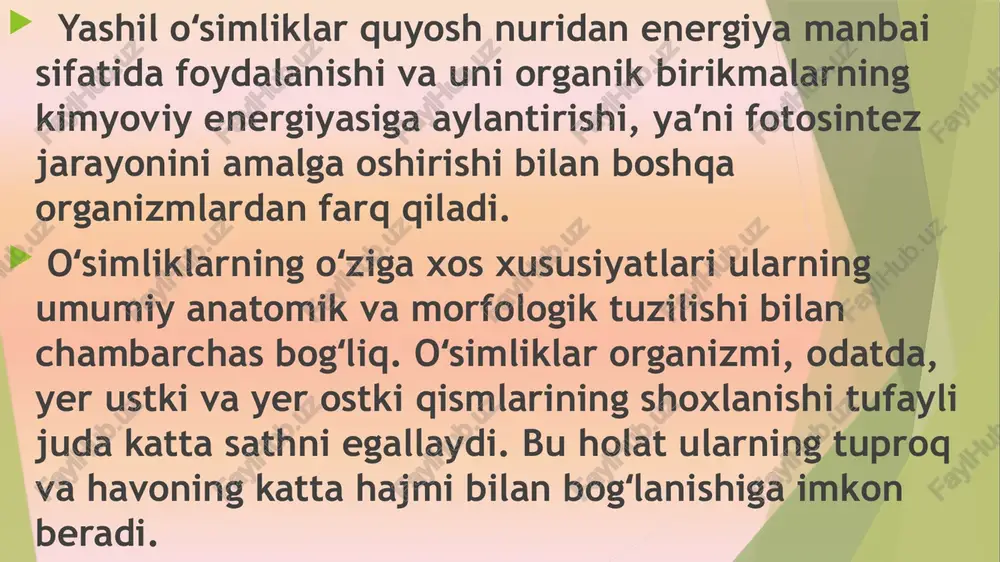 hisobida mahsulot hosil bo'ladi. fotosintez maxsuldorligi yil sayin oshib boradi, har yili fotosintez natijasida 3,5 * 10 11t so2 yutilib, natijada atmosferaga 2,5 * 10 11 t kislorod ajraladi va 2,3 * 10 11 t organik moddalar (quruq modda hisobiga) hosil bo'ladi. demak, fotosintez jarayoni quyoshni va erdagi barcha tirik mavjudodlarni o'zaro bog'laydi. bu esa o'simlikning kosmik ahamiyatini belgilaydi. fotosintez jarayonida doimiy yorug'lik bo'lishi shart emas. chunki yorug'likdagi reaksiyalar qorong'ulikdagi reaksiyalardan ancha kam. demak, fotosintez jarayoni yorug'lik fazasi va qorong'ulik fazasi jarayonlaridan tashkil topgan. ikki xil pigment sistemasi yorug'lik nurini yutadi xom ashyolarni saqlash va ularni qayta ishlab tayyor mahsulot olish paytida uglevodlar turli xil va murakkab o'zgarishlarga uchraydi. bu o'zgarishlar uglevod kompleksining tarkibiga, sharoitga (muhitning namligi, harorati, phi), fermentlarning birligiga, qayta ishlanayotgan mahsulotlarda uglevodlar bilan o'zaro ta'sir qiladigan boshqa komponentlarning (oqsillar, lipidlar, organik kislotalar va boshqalar) bo'lishiga bog'liq. 1. oqsillar qaysi xususiyatlariga qarab oddiy (protein) va murakkab (proteif) oqsillarga …