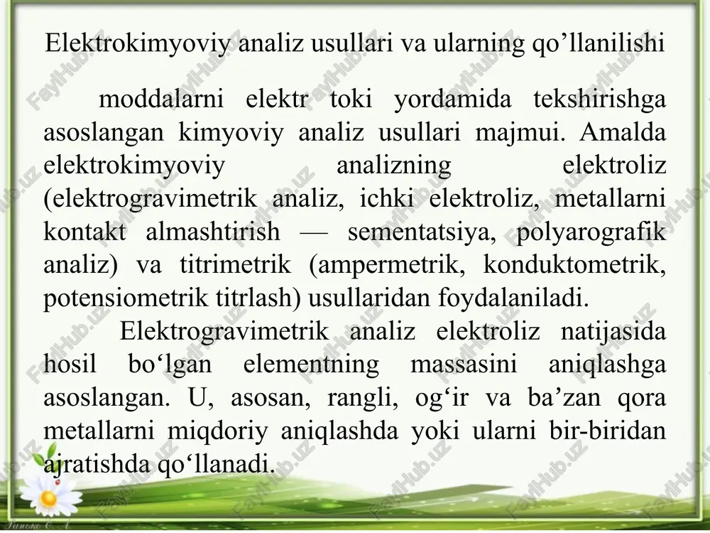zmereniy kulonometrik analiz usuli turli xil birikmalarni analiz qilishga keng miqyosda qo’llaniladigan elektrokimyoviy usullardan yana biri- kulonometrik analiz usulidir. uning negizida, odatda, tekshiriladigan modda eritmasining elektroliz jarayoniga uchratilishi yotadi. bunda elektr toki ta’sirida qarama-qarshi zaryadli ionlarga parchalanadigan muayan kimyoviy birikmaning oksidlanish-qaytarilish reaksiyasiga uchrashi kuzatiladi. tajribada hosil bo’ladigan yangi tur moddalar bilan birgalikda, elektroliz jarayoni vaqtida sarf bo’lgan elektr toki miqdori aniqlanadi. kulonometrik analiz ishlarini bajarishda faradey qonuniga binoan yaratilgan. kulonometrik analiz usuli kulonometriya. elektrokimyoviy reaksiya jarayoni elektrodlarda ajralib chiqayotgan modda miqdori va unga sarflangan elektr miqdori orasidagi bog‘lanishga o‘rnatilgan faradey qonunlariga (1834 yil) asoslangan metodlarni birlashtiradi. elektrokimyoviy reaksiyaning borishi elektrodning qutblanishi bilan bog‘liq bo‘lgani uchun kulonometriyada xam ishchi elektrod potensiali xuddi voltamperometriyadagi kabi uning muvozanat qiymatidan sezilarli farq qiladi. faradey qonunini analiz uchun birinchi bo‘lib 1917 -yilda grouyer qo‘lladi. biroq kulonometriya o‘tgan asrning 30 -yillaridan boshlab keng qo‘llanila boshladi. potensiometriya potensiometriya ishchi elektrodning potensiali muvozanat qiymatiga yakin bo‘lganda qaytar elektrokimyoviy …