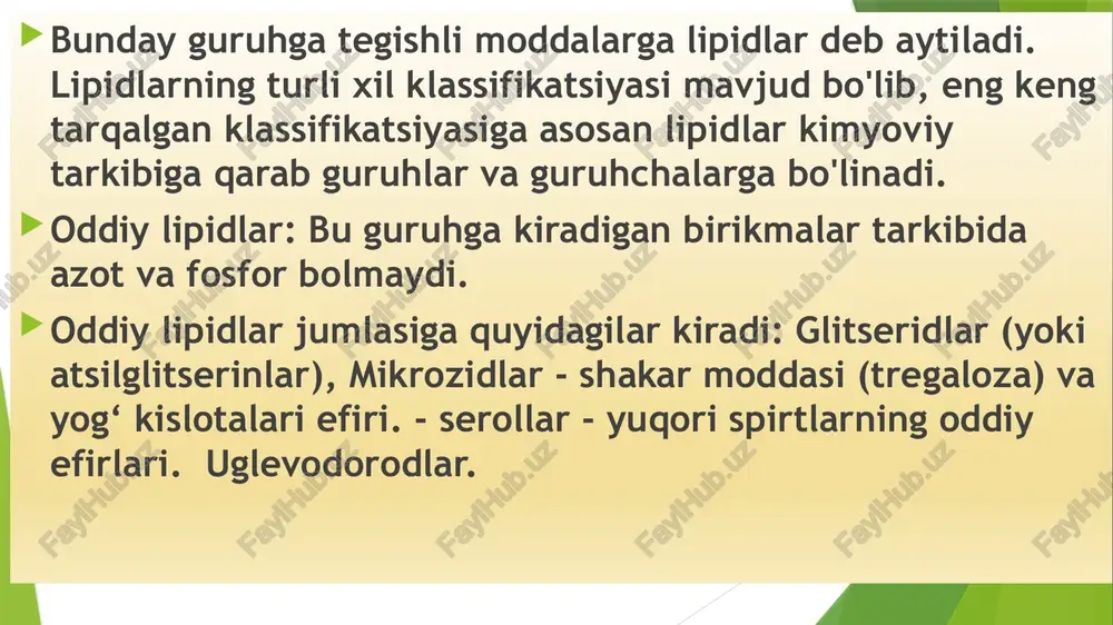o'simliklarning urug'lar va mevalari tarkibida to’planadi va yog' moy sanoatida o'simlik yog'lari ishlab chiqiladi. bular moylar deb yuritiladi. /docprops/thumbnail.jpeg