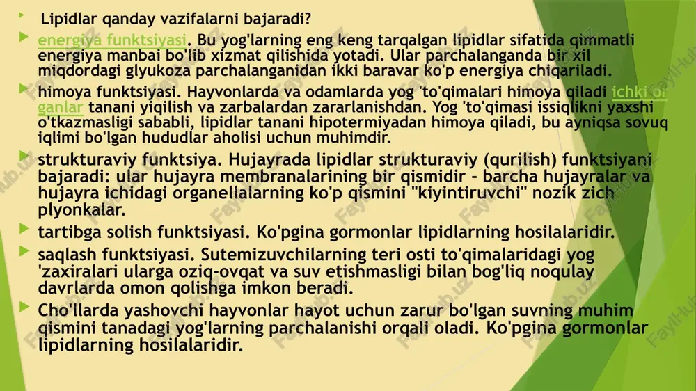 bog‘liq bo'ladi (glikoliz). boshlanishda glitserin atf yordamida fosforlanadi va aglitserofosfat hosil bo'ladi. yog‘ kislotalarining oksidlanishi yog‘ kislotalarining oksidlanishi mitoxondriyada o‘tadi. bu jarayon bir qancha ketma-ket bosqichlardan iborat bo‘lib, ikki uglerodli fragmentlarni to‘yingan yog‘ kislotalaridan ajralishi karboksil tomonidan bo‘ladi. boshlang'ich bosqichda yog‘ kislotalari taxminan faollashtiriladi. bu atf energiyasi hisobida o‘tib, yog’ kislota efirlarini, koenzim-a ni hosil qilib, maxsus faollashtiruvchi ferment tiokinaza yordamida katalizlanadi fosfolipidlar sintezi . fosfolipidlarning asosiy sintez yo'li fosfatid kislotasining sitidin nukleotidlari (stf) bilan o'zaro ta’siridan boshlanadi. bu reaksiyada hosil bo'lgan sitidindifosfat — diglitserin keyingi jarayonlarda har xil fosfolipidlarning sintezi uchun umumiy kerakli birikma hisoblanadi. xolinfosfatidlar organizmda to‘g‘ri yo‘l bilan sintezlanishi mumkin, jarayonda tushgan ovqatlar bilan tayyor xolin ishlatiladi. xolesterin almashinuvi. xolesterin biosintezida sirka kislotaning asetil-koa shakli o‘tmishdoshi hisoblanadi. xolesterinning biosintez jarayoni bir nechta bosqichlarni o‘z ichiga olib, fermentativ reaksiya zanjirida tuzilgan. xolesterin barcha steroid gormonlarning o‘tmishdoshidir. organizmdagi barcha steroidlarning asosiy qismi xolesterin ulushiga to‘g‘ri keladi. odam to ‘qimalarida …
