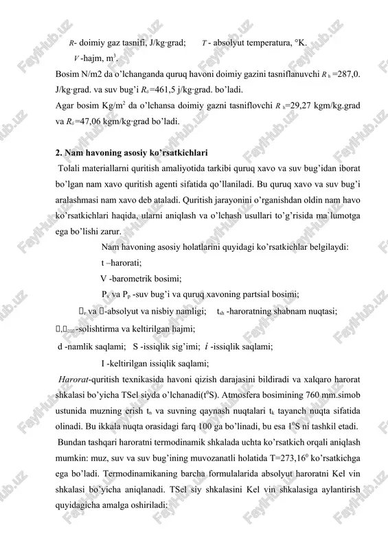 i ko’tarilishi bilan hovaning namlik sig’imi b tezda oshishiga va keyingi haroratni ko’tarilishi uning pasayishiga olib keladi (2.2-jadval). 2.2-jadval 760 mm.sim.ust.atmosfera bosmida va xar xil haroratidagi hovaning namlik sig’imi b (ilovadagir 2-rasmga qarang) ko’r- cat- kich q i y m a t l a r ha- ro- rat, 0s -20 -10 0 +10 +20 +30 +40 +50 +60 +70 +80 + 90 +100 +110 +120 nam- lik- sig’i- mi, g/m3 1,3 2,3 4,9 9.4 17,2 30,1 50,8 82,3 129,3 196,6 290,7 418,8 589,5 568,9 533,7 havoning absolyut namligini uni namlik sig’imiga nisbati bilan yoki havodagi namlikni portsial bosimining havoni shu harorati va bosimida to’yingan bug’ bosimiga nisbati bilan o’lchanadigan kattalik havoning nisbiy namligi deb ataladi va u foizda ifodalanadi: 100% rb (2.5) = 100% rt yoki rb rn = 100% = 100% (2.6) rc rh havoning namlik saqlami deb, havodagi namlik miqdorini quruq havo massasiga nisbati bilan o’lchanadigan kattalikka aytiladi …