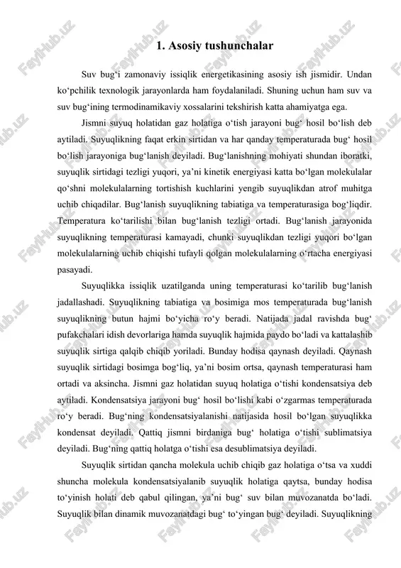 agar bug‘ hosil bo‘lish jarayoni yuqoriroq bosimda (p2>p1) olib borilsa, u holda suv hajmi deyarli o‘zgarmaydi, qaynayotgan suv hajmi ortadi, quruq to‘yingan bug‘ning hajmi esa kamayadi. demak bosim ortgan sari pv – diagrammadagi 1-2 qism orta boradi, 2-3 qism esa kamaya boradi. quruq bug‘-bu real gazdir. p2 bosimda uning solishtirma hajmi kam bo‘lib, 3`-nuqta 3-nuqtadan chaproqda joylashadi. quruq bug‘ning hajmini o‘zgarishi temperatura o‘zgarishiga qaraganda bosim o‘zgarganda ko‘proq o‘zgaradi. masalan, bosim 0,1 mpa bo‘lganda bug‘nng temperaturasi tt=372,79 k; bosim 4 mpa bo‘lganda esa tt=523,48 k bo‘ladi. ya’ni temperatura ortishi hajmni 1,4 marta orttirsa, bosim ortishi esa hajmni 40 marta kamaytiradi. kritik bosimda 2 va 3 nuqtalar ustma-ust tushadi. shu nuqta kritik nuqta deb aytiladi va k harfi bilan belgilanadi. shu nuqta moddaning kritik holatiga mos kelib, unda suyuqlik va gaz o‘rtasidagi farq yo‘qoladi. shu nuqtadagi modda parametrlari kritik parametrlar deb aytiladi. masalan, suv uchun pk=22,1145 mpa, tk=647,266 k va vk=0,003147 m3/kg; …