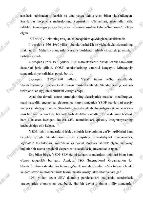hlab chiqarilgan mahsulotlarning o‘zaro mos kelmasligi savdo-sotiq jarayonlarida, ayniqsa mashinasozlik, kimyo sanoati, elektronika va oziq-ovqat sanoati sohalarida katta muammolarni yuzaga keltirgan. shu sababli xalqaro darajada yagona me’yoriy talablarni belgilovchi standartlar tizimini shakllantirish zarur bo‘lgan. ushbu ehtiyoj natijasida iso — xalqaro standartlash tashkiloti (international organization for standardization) tashkil etildi. iso 1947-yilda rasmiy ravishda faoliyat boshlagan bo‘lib, uning asosiy maqsadi — turli davlatlarda qo‘llaniladigan standartlarni uyg‘unlashtirish, mahsulot sifati ustidan nazoratni yaxshilash, texnik to‘siqlarni kamaytirish va xalqaro savdoni erkinlashtirishdir. iso mustaqil, nodavlat va nodaromad tashkilot bo‘lib, uning qarorlari bevosita siyosiy manfaatlardan xoli tarzda qabul qilinadi. tashkilot tarkibiga bugungi kunda dunyoning 160 dan ortiq davlatlari a’zo bo‘lib, har bir davlat isoda milliy standartlashtirish organi orqali ishtirok etadi. masalan, o‘zbekistonda bu vazifani o‘zstandart agentligi bajarmoqda. iso tizimida standartlar ilmiy asoslangan, tajribaga tayangan hamda xalqaro ekspertizadan o‘tgan hujjatlar shaklida tasdiqlanadi. standartlarni ishlab chiqish jarayonida turli mamlakatlardan professional mutaxassislar, ishlab chiqarish korxonalari vakillari, ilmiy tadqiqot institutlari, xalqaro …