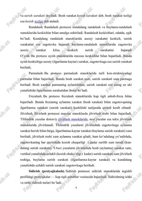 sbob bir-biriga nisbatan siljiydi, bu siljish (xarakat) asosiy xarakat, boshkacha aytganda, kesish xarakati bilan surish xarakatiga bo’linadi. kesish jarayonining sodir bo’lishiga olib keladigan xarakat asosiy xarakat eki kesish xarakati deb ataladi. asosiy xarakat tokarlik stanogida buyumning uz uki atrofida aylanishdan, parmalash stanogida parmaning aylanishidan, frezalash stanogida frezaning aylanishidan, kundalang-randalash dastgoxlarida esa polzunning ilgarilama-kaytar xarakatidan iborat. asbobning yunilaetgan materialga botib qirishini ta`minlovchi xarakat erdamchi xarakat eki surish xarakati deb ataladi. tokarlik stanogida surish xarakati keskichning yunilaetgan buyum buylab siljishidan parmalash dastgoxlarida-parmaning uz uki buylab surilishidan, frezalash dastgoxlarida esa yunilaetgan buyumning aylanuvchi freza tomon surilishidan iborat. buyum yunilaetgan yuzasining asbob kesuvchi qirrasiga nisbatan asosiy xarakat yunalishida vakt birligi ichida utgan yuli uzunligi kesish tezligi deyiladi. kesish jarayoni shundan iboratki, bunda kesuvchi asbob uziga kuyilgan r kuchning ta`siri bilan ishlanadigan materialga botishiga intilib, oldin unda elastik kuchlanishli (elastik deformatsiya) xolatini, keyin plastik deformatsiyani yuzaga keltiradi. asbobning botishi chuko’rlasha borib, kesiluvchi kavatda kuchlanish oshadi. …