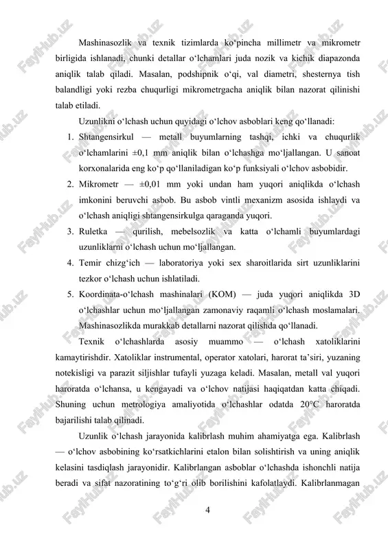 itasi bo‘ylab quyoshning yil davomida taxminan 360 bosqichda yuz beradigan ko‘chishiga asoslanadi. bir gradus esa 60 daqiqaga (′) va bir daqiqa yana 60 soniyaga (″) bo‘linadi. bu tizim kundalik muhandislik va ta’lim jarayonlarida eng ko‘p ishlatiladigan burchak o‘lchovidir, masalan mashina detalini sozlashda 0°45′30″ kabi ifodalanishi mumkin. radian tizimi esa matematik tahlil, trigonometriya, mexanika, avtomatlashtirilgan boshqaruv tizimlari va fizika fanlarida keng qo‘llaniladi. radian — bu aylana yoyining uzunligining shu aylananing radiusiga nisbatiga asoslangan burchak o‘lchovidir. bir to‘liq aylanish 2π rad ga teng. agar aylananing radiusi r bo‘lsa va yoy uzunligi ham aynan r bo‘lsa, hosil bo‘ladigan burchak bir radianni tashkil qiladi. radian tizimi hisoblashlarni osonlashtiradi, chunki trigonometriya funksiyalari radian bo‘yicha differensial va integrallarda qulay ishlaydi. shu bois, mexanik tizimlarda, ayniqsa, robotlarda, servo dvigatellarda, aylanma harakatlarni aniqlashda radian o‘lchovi juda muhim. gon tizimi (yoki grads, gons) esa fransiyada xviii–xix asrlarda yer o‘lchash va geodeziya ishlarida qulaylik yaratish uchun joriy etilgan. unda bir …