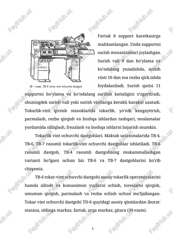 ishli g’ildirakka ilashadi bu g’ildirak esa staninaga mahkamlangan tishli reyk 7 ga doimiy ilashgan bo’ladi. mexanik surish yurish valchasi 2 dan sirpanuvchan shpolkaga o’rnatilgan chervyak 9 orqali amalga oshadi. chervyak g’ildirak 6 ni aylantiradi va harakat kulachok muftasi orqali hamda tishli g’ildiraklar 4 va 8 orqali reyk shesternyasiga uzatiladi. mexanik surilishni boshlash uchun dasta 13 ni o’ziga tomon burish kerak. yurish vaqti 11 dan mexanik surish dastasi 12 dan pastga burish bilan bajariladi. shunda ajraladigan gayka 10 ning ikkala yarmi yurish vintiga birikadi. rezba ochishda tishli g’ildirakni knopka 3 yordamida reykaga ishlashishdan chiqarish lozim. xavfsiz ishlash uchun dastgohning barcha harakatlanadigan qismlari giloflangan. keskich tutgich ustidagi ko’tarma ekran 8 va tokarlik patronining g’ilofi 6 elektroblok bilan jihozlangan. shuning uchun g’ilof va ekran yopiq holatda turganidagina dastgohni ishga tushirish mumkin. tezliklar qutichasi silindrsimon tishli uzatmalardan iborat bo’lib, ular ham tasmali uzatmalar singari uzatish soni bilan xarakterlanadi. shpindelning aylanish chastotasini o’zgartirish uchun tezliklar …