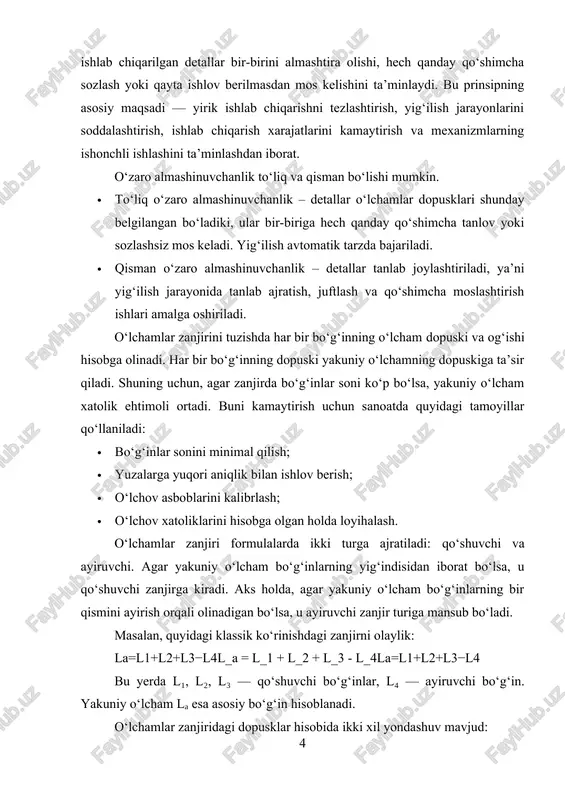 ya’ni yakuniy o‘lchamning qiymati va dopuskini aniqlashga aytiladi. bu hisoblash tekshirish hisobi deb ham yuritiladi, chunki u tayyorlangan detallar o‘lchamlarining chizmada ko‘rsatilgan texnik talablar doirasida qolganligini tekshiradi. ya’ni, qurilma yoki mexanizm yig‘ilgandan so‘ng, yakuniy o‘lcham konstruktor tomonidan belgilangan qiymatdan chiqmaydi yoki kerakli funksional imkoniyatni ta’minlay oladi. to‘g‘ri masala texnologik jarayonning sifat nazorati jarayonining asosiy qismidir va ishlab chiqarishning texnik intizomi va aniqligini baholashda muhim o‘rin tutadi. to‘g‘ri masalada, avvalo, o‘lchamlar zanjirining algebraik modeli tuziladi. model, qo‘shuvchi va ayiruvchi bo‘g‘inlarga ko‘ra ifodalanadi. masalan, agar o‘lchamlar zanjiri quyidagicha berilgan bo‘lsa: la=l1+l2+l3−l4 bu yerda l₁, l₂, l₃ — qo‘shuvchi bo‘g‘inlar, l₄ — ayiruvchi bo‘g‘in, lₐ esa yakuniy o‘lchamdir. to‘g‘ri masalada shu ifodadan foydalanib yakuniy o‘lcham lₐ ning o‘zi hamda uning dopusk diapazoni aniqlanadi. har bir bo‘g‘inning o‘lchami o‘z dopuskiga ega bo‘lgani sababli, yakuniy o‘lcham ham muayyan diapazonda bo‘ladi. har bir o‘lchamning yuqori va quyi og‘ishlari yig‘ilib (yoki ayirilib), yakuniy dopusk formula tarzida ifodalanadi: …