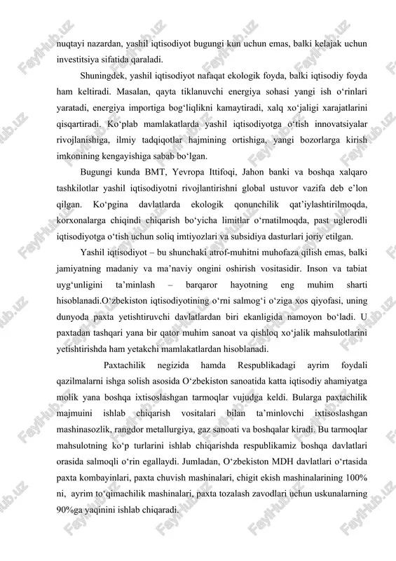 nosib tarkibi, uning xududiy joylashishidagi o‘ta notekisliklarni ham ko‘rsatish mumkin. chunonchi, 1989 yilda o‘sha vaqtda jami ishlab chiqarilgan sanoat mahsulotining ittifoqda 69.9%i o‘zbekistonda 45.3%i asosiy ishlab chiqarish vositalarini yetkazib beradigan og‘ir sanoat tarmoqlari hissasiga to‘g‘ri keldi. ayni vaqtda ularda yengil sanoat hissasi tegishlicha 19.3% va 37.2%ni tashkil etadi. bunda aholi uchun keng iste’mol mollari ishlab beradigan yengil sanoat o‘zbekistonda ancha yuqori rivojlangandek tuyiladi.aslida o‘zbekistonda tarmoq mahsulotlarning yarmidan ko‘pini paxta tozalash zavodlarida tayyorlangan paxta tolasi tashkil qilar edi. agar unga pillakashlik fabrikalarida ishlov berilgan ipak tolasi, lub zavodlarida ishlatilgan kanop tolasi, teriga ishlov beruvchi korxonalardagi dastlabki ishlov berilgan qorako‘l terilar ham qo‘shilsa, qishloq xo‘jalik mahsulotlariga dastlabki ishlov beruvchi tarmoqlar hissasi butun yengil sanoatda 2/3 qismga borib qoladi. yashil iqtisodiyotning yana bir muhim jihati — iqlim o‘zgarishiga qarshi kurash. dunyo miqyosida issiqxona gazlari emissiyasi yildan-yilga oshib bormoqda. atmosferaga chiqarilayotgan karbonat angidrid (co₂), metan (ch₄) va azot oksidi (n₂o) kabi gazlar iqlim haroratini …
