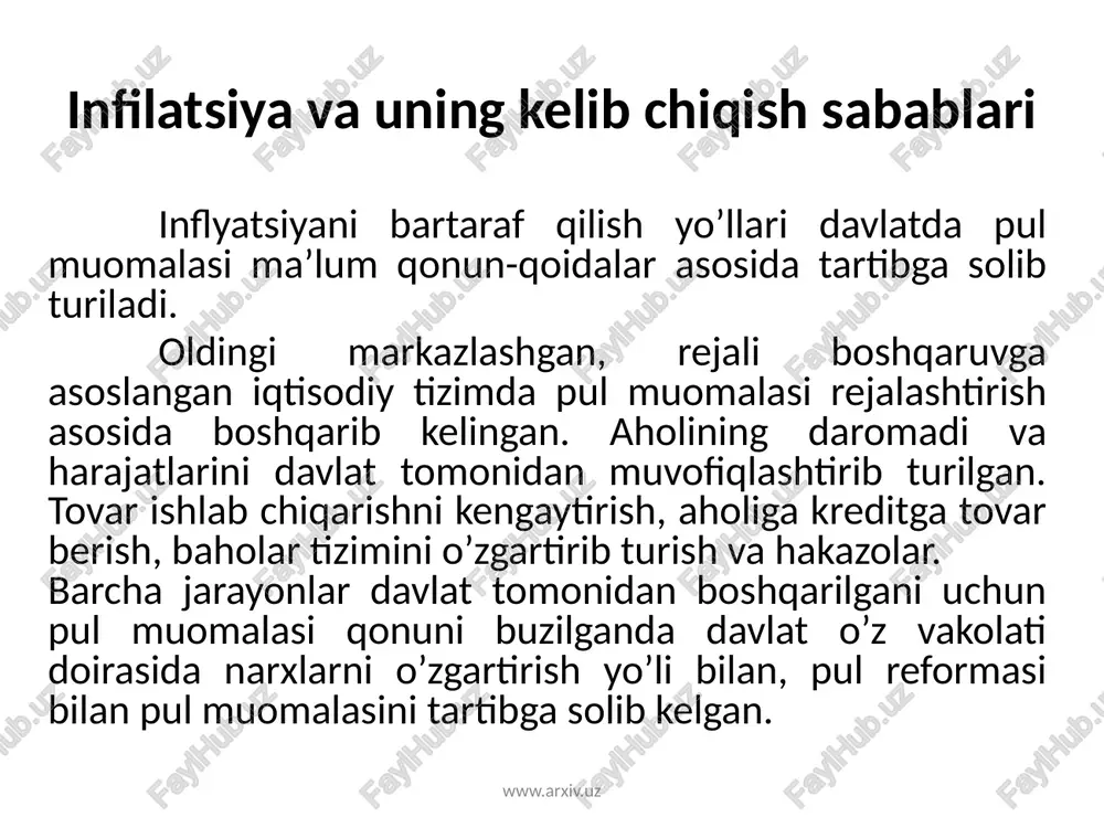 an oshmaydi. inflyatsiyaning bu turi ko`proq rivojlangan mamlakatlarga xos bo`lib, mamlakat iqtisodiy rivojlanish darajasiga qarab baholar oshishi 3-4% atrofida ham boqlishi mumkin. bu inflyatsiya aksincha ishlab chiqarishni yanada rivojlantirishni rag`batlantiruvchi omil sifatida namoyon bo`lishi mumkin. pulning qiymati barqarorligidagi o`zgarish sezilmasligi mumkin. shiddatli infilatsiya: baholarning o`rta yillik o`sishi 10-100% (ba'zida 200% gacha) bo`lishi mumkin. inflyatsiyaning bu turi rivojlanayotgan mamlakatlarda ko`proq uchraydi www.arxiv.uz baholarning o`sish sur'atlari yiliga 200% dan oshib ketadi. bu inflyatsiya mamlakatlar iqtisodiy rivojlanishining inqirozli davriga mos keladi va u iqtisodiyot tarkibiy qismlarining o`zgarishi bilan bog`liq. hozirgi davrda xvf baholar oyiga 50% dan oshgan vaqtda bu giperinflyatsiya deb qabul qilgan. giperinflyatsiya davrida baholar kun sayin oshib boradi va baholar bilan ish haqi o`rtasidagi farq juda yuqori bo`ladi. aholining yashash sharoiti qiyinlashadi, korxonalar faoliyati yomonlashadi. xujalik faoliyati, bozor faoliyatida naturallashtirish avj oladi. giperinflyatsiya www.arxiv.uz rivojlangan mamlakatlarda inflyatsiyaning sharoit va omillari har xilligini hisobga olib uni quyidagi guruhlarga bo`lish mumkin lotin amerika …