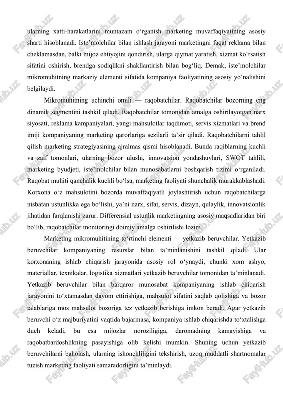 ir qilsa, reklama agentligi brend imijini shakllantiradi, moliyaviy tashkilot esa kompaniyaning marketing investitsiyalariga imkon yaratadi. vositachilar bilan samarali hamkorlik marketing tizimini kuchaytiradi. mikromuhit omillarining yana biri — aholi va jamoat tashkilotlari, ya’ni kompaniyaning faoliyatiga bevosita yoki bilvosita ta’sir ko‘rsatadigan manfaatdor guruhlar. ular orasida ommaviy axborot vositalari, jamiyatning turli qatlamlari, bloggerlar, no‘profit tashkilotlar, ta’lim markazlari, ekologik nazorat organlari, iste’molchilar huquqini himoya qiluvchi tashkilotlar bo‘lishi mumkin. ushbu guruhlar kompaniya imiji, brend nufuzi, mijozlar ishonchi, reklama siyosati va korporativ mas’uliyatga ta’sir qiladi. agar kompaniya jamoatchilikka qarshi harakat qilsa yoki iste’molchilar huquqlarini buzsa, ommaviy axborot vositalari orqali bu tez tarqaladi va korxonaning obro‘siga jiddiy putur yetadi. shu sababli jamoatchilik bilan aloqalar (pr) marketing faoliyatida alohida o‘rin egallaydi. marketing mikromuhitining barcha omillari bir-biri bilan o‘zaro bog‘langan va kompleks tarzda ishlaydi. korxona bir vaqtning o‘zida mijozlar bilan ishlaydi, raqobatchilarni tahlil qiladi, yetkazib beruvchilardan resurs oladi, vositachilar orqali bozorga chiqadi va jamoatchilik bilan ijobiy aloqa o‘rnatadi. bitta …