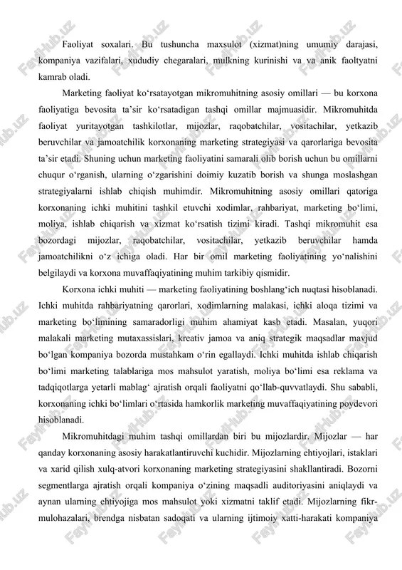 ldiruvchi yoki bevosita ta’sir ko‘rsatuvchi guruhlardir. bular ommaviy axborot vositalari, davlat organlari, mahalliy hamjamiyat, ekologik tashkilotlar va iste’molchilar huquqlarini himoya qiluvchi uyushmalar bo‘lishi mumkin. masalan, agar korxona ekologik toza mahsulot ishlab chiqarsa, jamoatchilik tomonidan ijobiy qabul qilinadi va bu brend obro‘sini oshiradi. aksincha, atrof-muhitga zarar yetkazuvchi faoliyat esa korxonaning imijiga salbiy ta’sir ko‘rsatadi. shu sababli kompaniyalar ijtimoiy mas’uliyatli marketingni amalga oshirishga intilmoqda. hamkorlar ham marketing faoliyatini qo‘llab-quvvatlovchi muhim omillardandir. bular moliyaviy institutlar, reklama agentliklari, transport kompaniyalari, konsalting firmalari bo‘lishi mumkin. masalan, banklar korxonaga kredit berish orqali ishlab chiqarish hajmini kengaytirish imkonini yaratadi, reklama agentliklari esa marketing kampaniyalarini samarali o‘tkazadi. shu tarzda har bir hamkor marketing tizimining samarali ishlashiga o‘z hissasini qo‘shadi. yana bir muhim omil — iste’molchilar bilan aloqalardir. zamonaviy marketingda mijozlar bilan uzoq muddatli va ishonchli munosabatlar o‘rnatish ustuvor yo‘nalish hisoblanadi. bu crm (customer relationship management) tizimlari orqali amalga oshiriladi. mijozlarning xarid tarixi, afzalliklari va fikrlari asosida korxona individual …