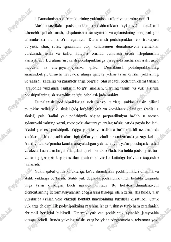 va uzoq xizmat muddatini ta’minlaydi. yuk turi, yuk miqdori, yuk yo‘nalishi, aylanish tezligi va xizmat sharoitlarini puxta tahlil qilish podshipnikni optimal va iqtisodiy nuqtai nazardan to‘g‘ri tanlashga imkon beradi. 2. podshipniklarning ishlash sharoitlari va ularning xizmat muddati dumalanish podshipniklarining ishlash samaradorligi va uzoq muddat xizmat qilishi ularning o‘rnatilish sifati, yuklanish xarakteri, aylanish tezligi, harorat sharoiti va yog‘lash tizimiga bog‘liq. podshipnik mexanizmdagi eng muhim tayanch elementlardan biri bo‘lganligi sababli, uning ishlash sharoitlarini to‘g‘ri baholash va texnik talablarni to‘g‘ri tanlash mashinaning umumiy ishonchliligi va barqarorligini belgilaydi. podshipnikning asosiy vazifasi ichki va tashqi halqalar orasida dumalanuvchi elementlar orqali ishqalanishni minimallashtirishdir. agar ishqalanish oshib ketsa, bu issiqlik ko‘payishiga, surtish yuzalarining tez yeyilishiga, shovqinning kuchayishiga, hatto podshipnikning to‘liq ishdan chiqishiga olib keladi. shuning uchun podshipnik ishlash sharoitlari har doim mexanik yuklamalar, harorat, namlik, zarba kuchlari va aylanish tezligi bilan uyg‘un holda baholanishi zarur. masalan, yuqori aylanish tezligida ishlaydigan shpindelli podshipniklar uchun tez qizish xavfini kamaytirish …
