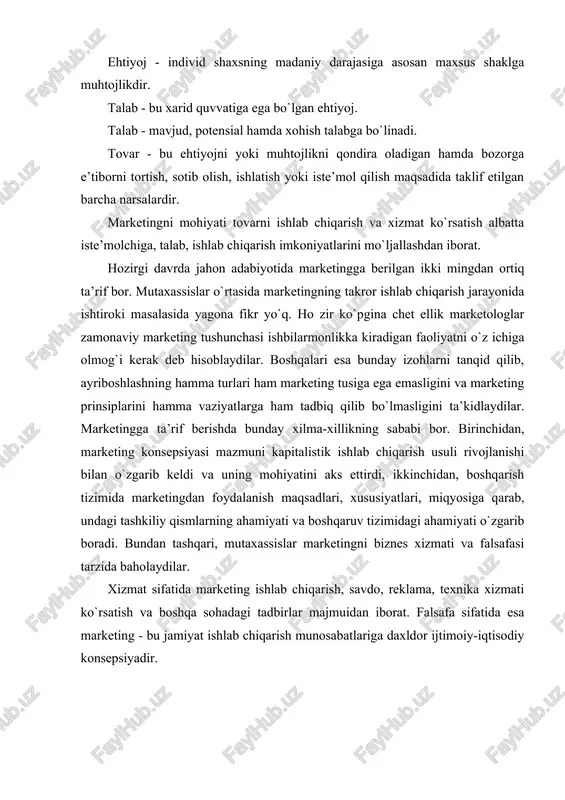 b berish, taqdim etish, sotish, xizmat ko`rsatishni uyushtirish usullari, vositalari, tartib-qoidalari majmui hisoblanadi. bularning hammasi birinchi asosiy maqsadga talab bilan taklifni o`zaro muvofiqlashtirishga xizmat qiladi. marketingning rivojlanish evolyutsiyasi marketingni asosiy elementlarini tashkil topishi - bozorni tadqiq qilish va tahlil etish, narxni tuzilishi tamoyili; servis siyosati - (1809-1884) sayrus makkormek nomi bilan bog`lanadi. 1902 yildan boshlab aqshning (michigan, kaliforniya, illinoys) universitetlarida marketing muammolari bo`yicha («tovarlar marketingi», «marketing uslublari» fanlari va boshqalar) fanlar kiritilib, ma’ruzalar o`qitila boshladi. 1926 yilda aqshda marketing va reklama milliy uyushmasi tashkil topdi, keyinchalik uning negizida amerika marketing jamiyati barpo yetildi, bu jamiyat 1973 yilda amerika marketing uyushmasi nomini oldi. bir oz keyinroq bunday uyushma va tashkilotlar g`arbiy yevropa mamlakatlari va yaponiyada ham paydo bo`ldi. xalqaro marketing tashkilotlari - yevropa marketing va ijtimoiy fikr tadqiqotlari jamiyati, xalqaro marketing federatsiyasi, yevropa akademiyasi va shunga o`xshashlar yuzaga keldi. bular haqida jadvalda to`liq tanishib chiqish mumkin. jadval marketingni rivojlanish tarixi yillar …