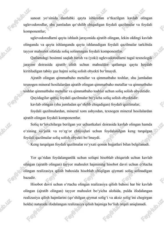 maxsus to‘lovlar stavkalari o‘zbekiston respublikasi o‘zbekiston respublikasi prezidentining qarori bilan tasdiqlanadi. o‘zbekiston respublikasi prezidentining 2009 yil 22 dekabrdagi “o‘zbekiston respublikasining 2010 yilgi asosiy makroiqtisodiy ko‘rsatkichlari prognozi va davlat byudjeti parametrlari to‘g‘risida”gi pq-1245(son qaroriga muvofiq 2010 yilda yer qa’ridan foydalanganlik uchun soliq stavkalari miqdorlari belgilangan. soliq solinadigan obyekt nomi soliq stavkasi, soliq solinadigan bazaga nisbatan %da 1. asosiy va qo‘shimcha foydali qazilmalar kavlab olinishi uchun energiya manbalari: tabiiy gaz 30,0 yer ostidan kavlab olingan gaz 2,6 nostabil gaz kondensati 20,0 neft 20,0 ko‘mir 3,8 rangli va noyob metallar: tozalangan mis 8,1 molibdenli sanoat mahsuloti 1,3 konsentratlangan qo‘rg‘oshin 1,3 metall rux 1,3 volfram konsentrati 10,4 asl metallar: oltin 5,0 kumush 8,0 qimmatbaho, yarim qimmatbaho va zeb-ziynat uchun toshlar xom ashyosi 24,0 qora metallar: temir 3,9 kon-kimyo xom ashyosi: tosh tuz (ovqatga ishlatiladigan) 1,7 kaliy tuzi 0,4 natriy sulfat 0,4 fosforitlar (grafitlarga) 4,8 karbonat xom ashyosi (ohaktoshlar, dolomitlar) 3,3 glaukonit 3,3 mineral pigmentlar …