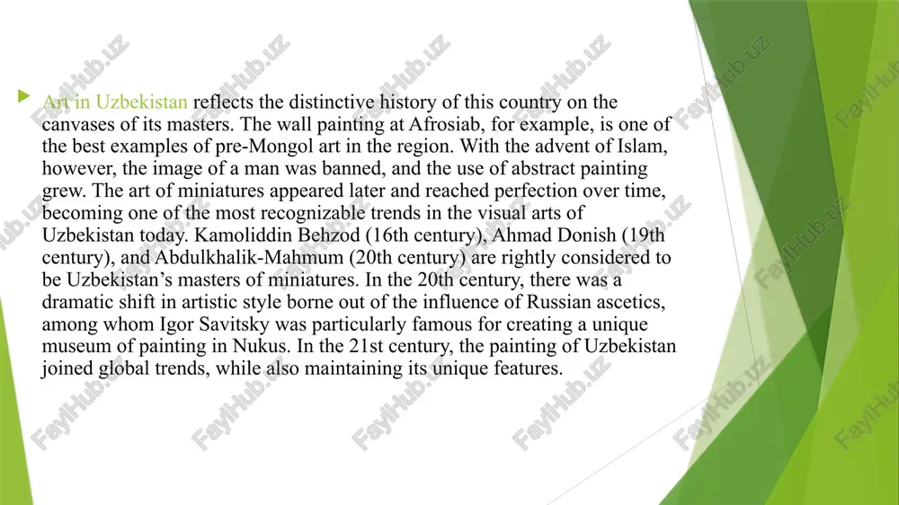 generation, and their works are of high quality and extraordinary elegance. blacksmiths, potters, weavers, carvers, and many others create works of art from silk, clay, wood, and metal that are recognizable throughout the world thanks to their smooth lines, geometrically perfect patterns, and harmony of form. the most famous masters of uzbekistan are the ceramists of gijduvan and rishtan, the blacksmiths of bukhara and chust, the weavers of margilan, and the winemakers of samarkand. artisans often arrange master classes in their workshops and show collections of their works in which you can get acquainted with the best creations of their fathers and grandfathers. lierature: 1. “the history of uzbekistan” by m. s. asimov: a comprehensive history of uzbekistan from ancient times to the present. 2. “uzbekistan: a political history” by m. sh. karimov: a detailed account of uzbekistan’s political development and its transition from soviet rule to independence. 3. “the …