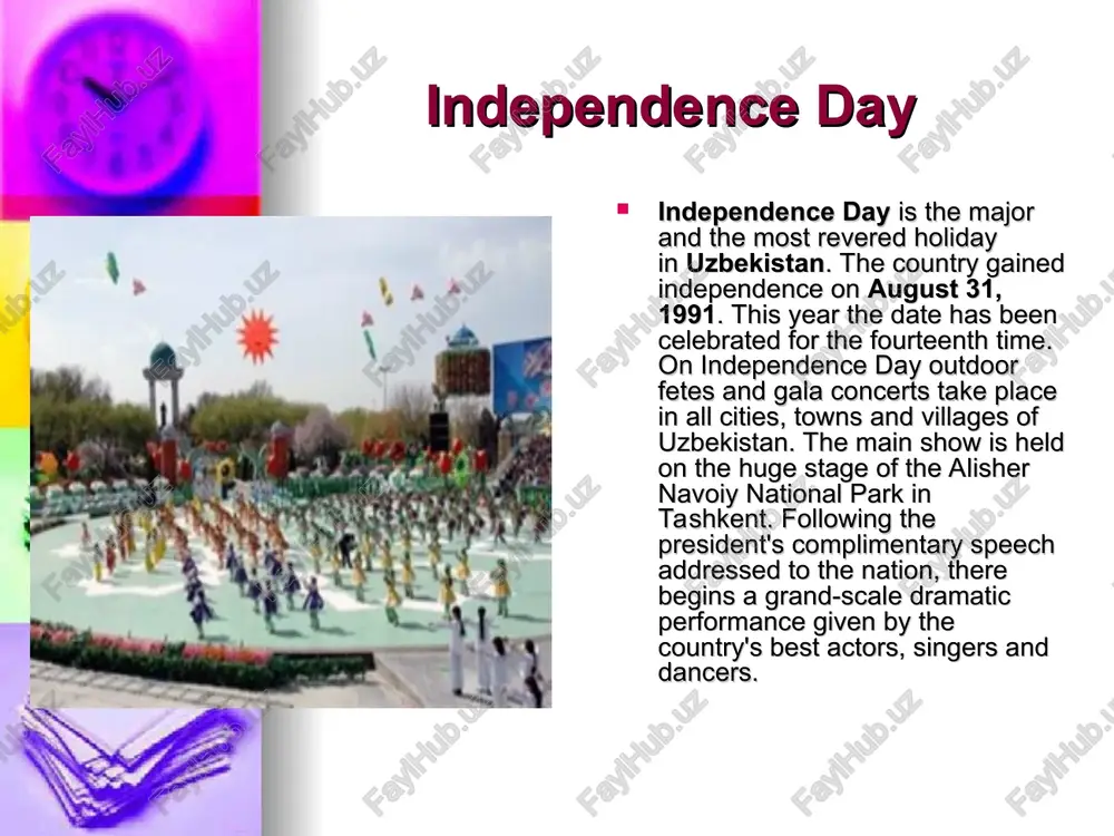 pendence on august 31, 1991. literature: “uzbekistan: a country study” by the federal research division (library of congress) – offers a comprehensive background of uzbek history, culture, and national holidays. “uzbekistan: history, politics, culture” by shirin akiner – a detailed exploration of uzbek culture, including its festivals and traditional holidays. “uzbekistan: the golden road to samarkand” by michael freeman – while focusing on the region’s history, it also delves into traditions and celebrations. “the art and architecture of uzbekistan” by olivier roy – contains insights into the role of cultural heritage in national celebrations.