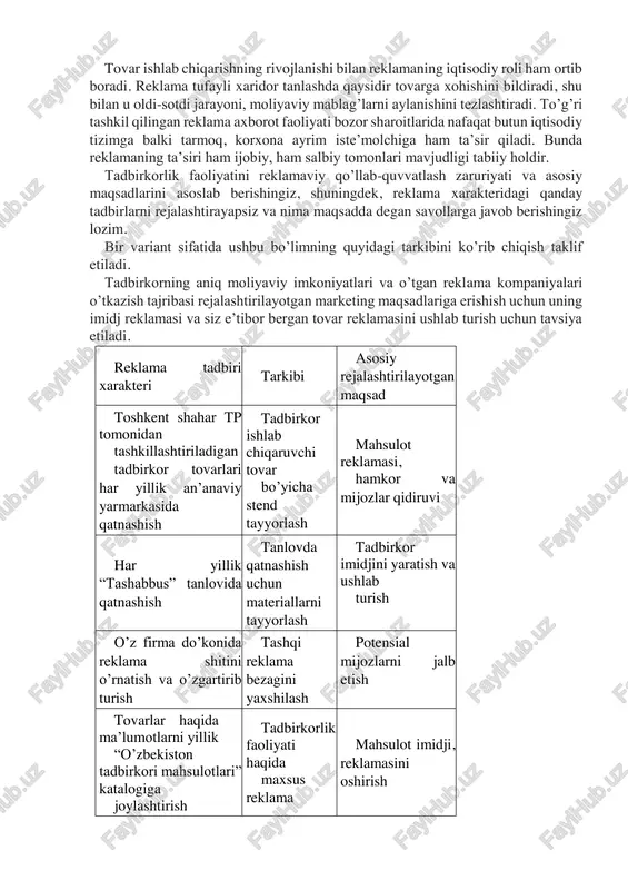 shi davri, iqtisodiy holatning o’zgarishida. 4. reklamani joylashtirish mumkin, qachonki, potensial mijozlaringiz nimani ko’rishi, o’qishi va qayerga borishini bilsangiz. 5. bir martalik gazeta, radio, televideniya reklamasi samara bermaydi. 6. iste’molchilaringiz kimligini bilmay reklama qilish, pulni noto’g’riva maqsadsiz sovurishdir. 23-chizma. bozor sharoitida reklamaning nomi. reklama faoliyatini tashkil qilish tadbirkorlik faoliyatida talabni ko’paytirishga, ushlab turishga yoki barqarorlashtirishga yordam beradi. hayot darajasini ko’tarish uchun rag’batlantiradi. reklama faoliyatining asosiy vazifasi bu tovarlar va xizmatlarni ke-rakli joyda va kerakli vaqtda, kerakli iste’molchiga yetkazib berishdan iboratdir. u faqatgina tovar va xizmatlarni iste’molchiga yetkazib berish vositasi bo’lishi kerak. reklama amaliyotida shuni esda tutish lozim: reklama muvaffaqiyat qozonishi uchun u to’g’ri, haqiqatga mos bo’lishi, reklama qilinayotgan tovarning haqiqatdan ega bo’lgan sifatlarini ko’rsatishi kerak. noinsof reklama balki shovqin ko’tarishi mumkin va ma’lum muvaffaqiyat olib kelishi mumkin, lekin bu muvaffaqiyatdek vaqtinchalik ko’rinishi mumkin, aslida esa tadbirkorning bozordan chiqib ketishini tezlashtiradi. reklama faoliyati ushbu sohaning asoslarini chuqur bilishni talab qiladi. shu …