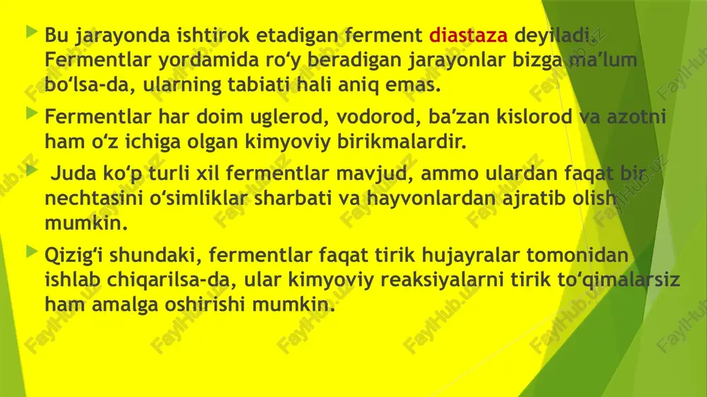 ik va proteolitik fermentlardan foydalaniladi. glyukozooksidaza va katalaza mahsulotni sifatini oshirish maqsadida va uni tarkibidagi kislorodni olib tashlash maqsadida qollaniladi. immobillangan fermentlar. uzoq vaqt oziq-ovqat sanoatida suvda eriydigan erkin ferment preparatlari qo'llanilib kelingan. bu fermentlar faqat bir marotaba ishlatilar edi. hozirgi vaqtga kelib fermentlarni immobillab qayta-qayta, bir necha marta ishlatish usullari yaratilgan. immobillangan fermentlar deganda ularni inert qattiq moddalarga biriktirib muhitdagi erkin harakatini cheklab qo'yish tushuniladi. immobillashni fizikaviy va kimyoviy usullari mavjud. fizikaviy usulda ferment qattiq sirt yuzasiga, yoki polimer gel' ichiga kovalent bog'siz biriktirib qo'yiladi. misol qilib, metall oksidlari yuzasida fermentlarni adsorbtsiyalashni keltirish mumkin. yarim o'tkazuvchi polimer ichiga kiritish, yarim o'tkazuvchi polimer bilan ferment molekulasini ajratish va boshqa. kimyoviy usulda ferment bilan qattiq faza orasida kovalent bog' hosil qilinadi. takrorlash uchun savollar: 1. fermentlarni qo'llanishi? 2. fermentlarni faolligiga haroratni ta'siri? 3. xom ashyo tarkibidagi fermentlar? 4. hayvonlardan olingan mahsulotlar? 5. immobillangan fermentlar? image1.jpeg /docprops/thumbnail.jpeg