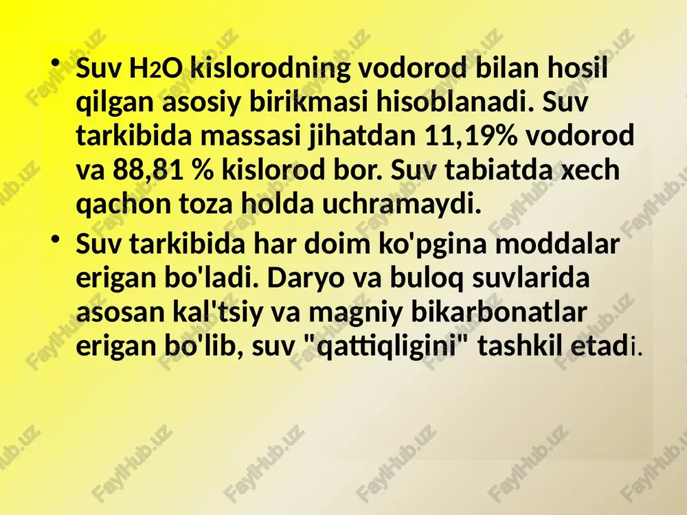 i kamdan-kam hollarda uchraydi. adsorbsion bog'langan suv deb kolloid zarrachalarni atrof muhitdanajratuvchi yuzaga «molekular kuch maydoni» bog'langan suvga aytiladi.bunday suv turli xil gidrofil kolloidlar mitsellalari tarkibiga kiradi, ulardan suvda eruvchi oqsillar eng ko'p ahamiyatga ega. adsorbitsion suv material bilanzich bog'langan, mahsulotdan chiqarilishdan oldin bug'ga aylantirilishi kerak. osmatik yutilgan suv xujayralar membranalari, oqsillarning fibrillyar molekulalari va boshqa tolasimon strukturalar tomonidan hosil qilingan mikrofazalarda bo'ladi. bu suv xujayralar sitoplazmasida bo'ladi, hayvon to'qimalarining plastiklik xossalariga ta'sir qiladi. mahsulotlarni quritish paytida adsorbsion bog'langan suvga nisbatan oldinroq ajraladi, chunki ularning quruq moddalari bilan mustahkam bog'lanmagan. mahsulot namligi - bu fizik-kimyoviy va fizik-mexaniqaviy bog'langan suvning mahsulotni birlamchi massasiga bo'lgan foizlarda ifodalangan nisbatidir. u texnologik xossalarni; ozuqaviy qiymatni, oshpazlik xususiyatni saqlashga chidamlilikni tavsiflaydi. oziq-ovqat mahsulotlari yuzasida ularning gigroskopligiga qarab erkin suv saqlanishi mumkin. mahsulotlar atrof muhitdan suv bug'larni so'rib olishi (yutishi) va saqlash qobiliyatiga, ya'ni ular gigroskoplikka ega. gigroskoplik - bu mahsulotning atrof muhitdan namlikni surib olish …