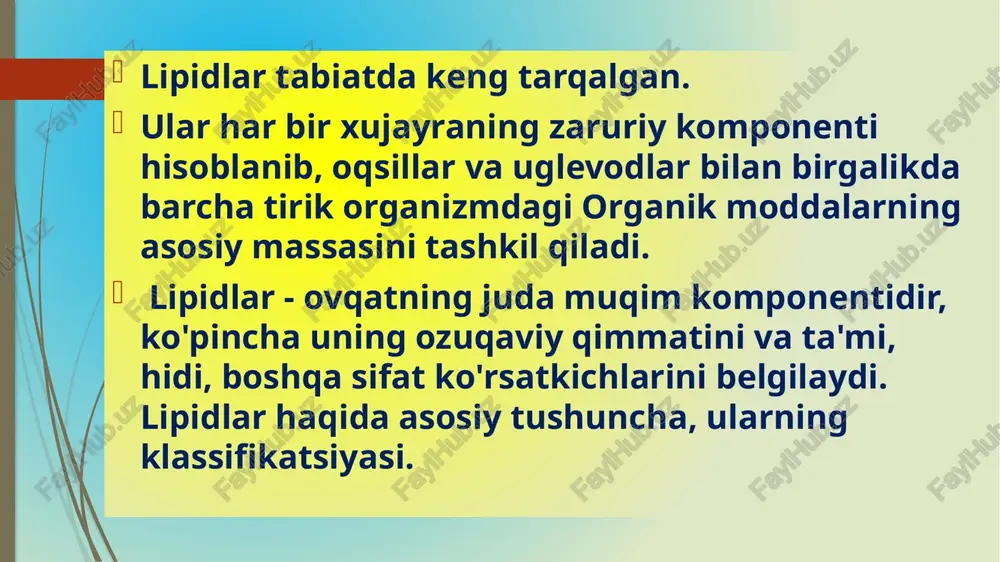 gi - kefalin tarkibidagi xolin o'rniga aminoetil spirtining ch2oh - ch2 - nh2 mavjudligi sababli kolamin deb aytiladi. letsitin va kefalin kislota yoki tegishli ferment ta'sirida o'zining qismlariga parchalanadi. letsitin va kefolinlarning turli tumanligi asosan ular tarkibidagi yog' kislota qoldiqlarining tabiatiga va glitserin qoldiqlari bilan bog'liqlik joyiga bog'liq bo'ladi. ko'pchilik o'simliklar tarkibidagi fosfatidlar tarkibida quyidagi kandlar - glyukoza, galaktoza yoki pentoza mavjud bo'ladi. qandlar fosfatidlar bilan etarli darajada kuchli bog'langan bo'lib xattoki suv bilan ko'p marotaba ekstraktsiyalab ham ajratib bulmaydi, u faqatgina 5% li kislota bilan qaynatilgandagina ajralishi mumkin. fosfatidlar, aynan letsitin oziq-ovqat sanoatida keng qo'llaniladi - ya'ni shokolab tayyorlashda, margarin va yog'larni buzilishdan saqlaydigan modda sifatida keng qo'llaniladi. fosfatidlarning ko'p miqdorda tuxum sarig'i va soya dukaklilarda uchratish mumkin. fosfatidlar, aynan letsitin oziq-ovqat sanoatida keng qo'llaniladi - ya'ni shokolad tayyorlashda, margarin va yog'larni buzilishdan saqlaydigan modda sifatida keng qo'llaniladi. fosfatidlarning ko'p miqdorda tuxum sarig'i va soya dukaklilarda uchratish mumkin. 12-mavzu: …