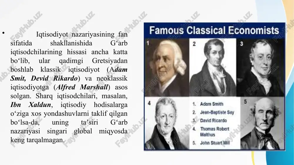 iyasi nafaqat nazariy fan, balki u bevosita amaliy ahamiyat ham kasb etadi. iqtisodiyot nazariyasini bilmay turib, murakkab iqtisodiy jarayonlarni to'g'ri hal qilib bo'lmaydi. <<iqtisodiyot nazariyasi fani doirasida inson va jamiyatning yashash faoliyatining ijtimoiy, axloqiy, milliy va tanzay tomonlarını tadqiq qilish va bilish mumkın. iqtisodiyot nazariyasini bilish, amaliy, uslubiy va g'oyaviy-tarbiyaviy vazifalari mavjud. ayniqsa, mamlakatimiz mustaqillikka erishgandan so'ng, o'sib kelayotgan yosh avlodni milliy vatanparvarlık ruhida tarbiyalashda iqtisodiyot nazariyasini g'oyaviy-tarbiyaviy vazifasining ahamiyati tobora oshib bormoqda. e’tiboringiz uchun rahmat!!! image2.jpeg image3.jpeg image4.jpeg image5.jpeg image1.jpeg /docprops/thumbnail.jpeg