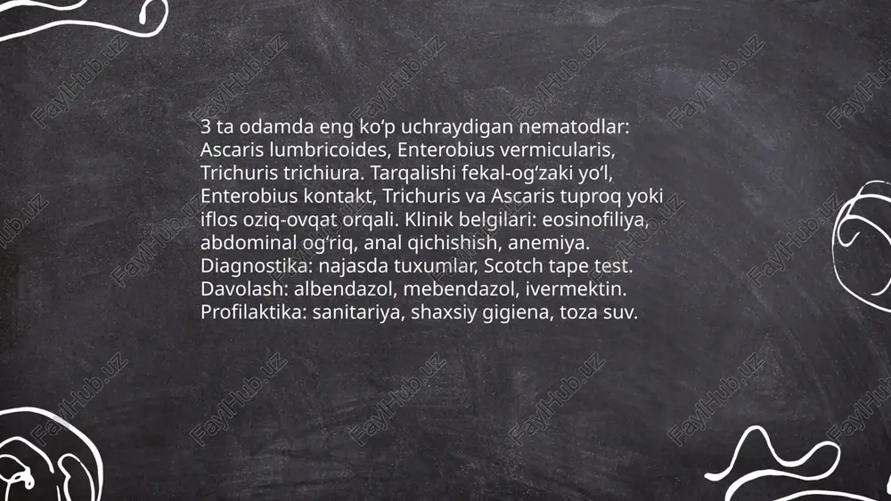 usullar: toʻgʻridan-toʻgʻri, konsentratsiya, kato-katz; afzalliklari arzon va tez, cheklovi past sezgirlik. serologiya: elisa, ifa, western blot orqali antigen yoki antitanani aniqlash; yaxshi sezgirlik, ammo o'tmish infektsiyani yoki kesib tashlangan antigenni aniqlay oladi. molekulyar metodlar: pcr, qpcr, lamp; yuqori sezgirlik va specificlik, genotiplash, epidemiologik monitoring va davolash natijasini baholash uchun foydali, ammo qimmat va maxsus jihoz talab etadi. ... t.me/slaydai_bot anthelmintik dorilar: benzimidazollar (albendazol, mebendazol) keng spektrli; ivermektin nematodlarga; prazikvantel cestoda va trematodlarga; niklosamid cestodlarga; levamizol va pirantel pamoat enterobius, ascaris va ankilostoma uchun. davolash protokollari: pinworm va ascaris uchun bir martalik yoki 3 kunlik reja; albendazol 400 mg bir martalik yoki mebendazol 100 mg ikki marta kunlik 3 kun; ivermektin 200 µg/kg bir martalik; prazikvantel dozasi parazit turiga qarab belgilanadi; monitoring: laboratoriya va toksiklik kuzatuvi. ... t.me/slaydai_bot dori chidamliligi va so'rg'ichlarga qarshi rezistentlik: odam parazitlarida va ularni tashuvchi so'rg'ichlarda dori va insektitsidlarga qarshi chidamlilik genetik mutatsiyalar, overekspression, metabolik detoksifikatsiya va …