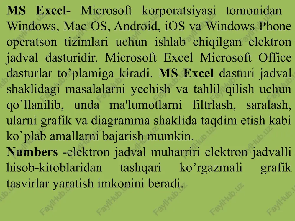 manzillar $ belgisi bilan birga yoziladi. masalan, $c$3:$d$9. absolyut manzillar ustida ma’lumotlarni nusxalash, ko’chirish kabi amallar bajarilganda kataklar nomi o’zgarmaydi. bir nechta kataklarni birlashtirish uchun ular belgilanadi va glavnaya bo`limidagi ob'edinit tugmasi bosiladi. katakdagi ma’lumotlarni gorizontal va vertikal tekislash mumkin. gorizontal tekislashni bajarish uchun glavnaya bo`limidagi tugma-lardan, vertikal tekislashni bajarish uchun tugmalardan foydalaniladi. jadval kataklarini ajratuvchi chiziqlar qog`ozga chop etganda ko`rinmaydi. chiziqlarni qog`ozga ko'rinadigan qilish uchun krakli kataklar belgilanadi, tugmadagi strelka bosiladi. paydo bo'lgan ro'yxatda kerakli variant tanlanadi. agar katakga faqat sonlar kiritilsa, ular o`ng chegara bo`yicha tekislanadi. agar katakga boshqa harf va belgilar kiritilsa, ular chap chegara bo`yicha tekislanadi. katakdagi sonlarni turli xil formatda ifodalash mumkin. buning uchun katak yoki kataklar guruhi tanlanib, glavnaya bo`limidagi chislo guruhiga o`tiladi. ochiladigan ro'yxatdagi strelka bosilib, kerakli format tanlanadi. masalan, denejniy formati tanlansa pul birligiga o’tiladi. kerakli formatni batafsilroq belgilash uchun chislo bo’limidagi tugmasi bosilib, qo’shimcha dialog oynasi ochiladi. ushbu oynada sonning verguldan …