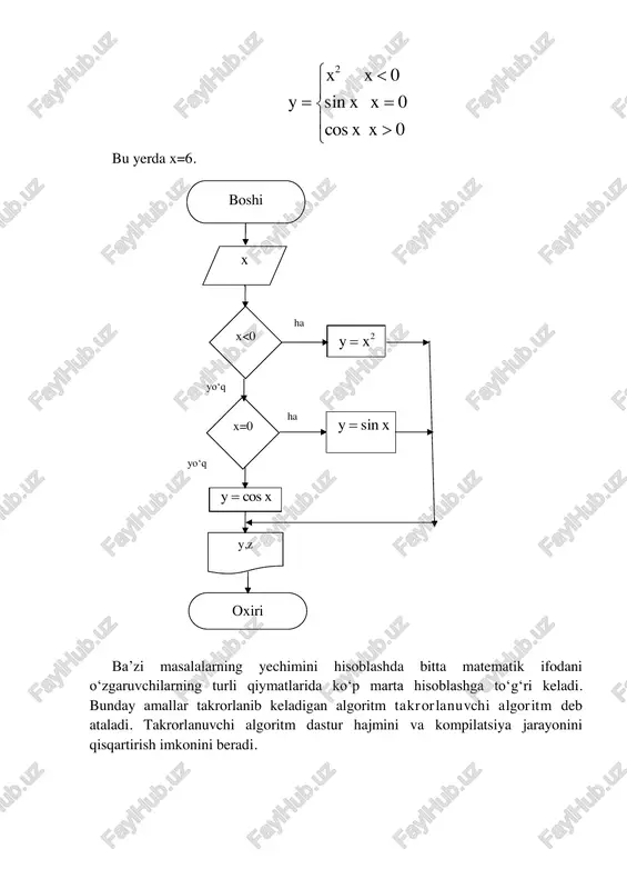 a=12; b=3,2; x=4. 16-variant quyidagi misolni yechish uchun blok-sxema tuzing: xexaxp baxtg bxa z 34 3 32 3 2 )(ln )(     bu yerda a=3,2, b=3,2, x=8. 17-variant quyidagi misolni yechish uchun blok-sxema tuzing: xaxap bax bax z     4 4 25 )(lg )(sin bu yerda a=1,2, b=3,2, x=8. 18-variant. quyidagi misolni yechish uchun blok-sxema tuzing:  2 2 2 )cos( )lg( xexaxp xa baxa z     bu yerda a=1,2, b=3,2, x=4,3. 19-variant quyidagi misolni yechish uchun blok-sxema tuzing:   2 2 2 2 )1(lg 14 53 31              x x x xx xa arctg z x x bu yerda a=2; x=3. 20-variant quyidagi misolni yechish uchun blok-sxema tuzing: x32 a 2)xax(sinp )bxlga(tg bax3 z     bu yerda a=1,2, b=3,2, x=6.