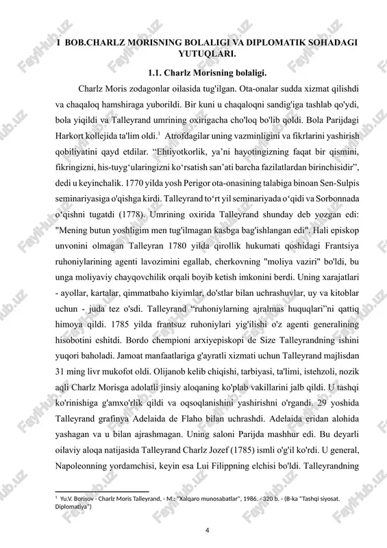 uning uchun muhim ma'lumot manbai bo'lib xizmat qildi. u saroy doiralarida harakat qildi, valter, e. choiseul va bo'lajak yozuvchi baronessa de stael bilan tanish edi; u mirabeau bilan do'st edi, mason lojasiga tashrif buyurdi va frantsiyada dam olayotgan bo'lajak angliya bosh vaziri uilyam pitt bilan uchrashdi. 34 yoshida rim papasi talleyrandni autun yepiskopi etib tasdiqladi va shundan so'ng u autun ruhoniyligidan general estates deputati etib saylandi. talleyrandning parlamentdagi faoliyati tez va yorqin edi. birinchi va ikkinchi konstitutsiya qoʻmitalari aʼzosi, taʼsis assambleyasi raisi va uning diplomatik qoʻmitasi aʼzosi faxriy lavozimlarida ishlagan. talleyran yig‘ilishda bir qancha muhim takliflar bilan chiqdi va frantsuz inqilobi tarixida muhim voqea bo‘lgan hujjatlarni tayyorlashda ishtirok etdi. [1: yu.v. borisov - charlz moris talleyrand, - m.: "xalqaro munosabatlar", 1986. - 320 b. - (b-ka “tashqi siyosat. diplomatiya”)] talleyrandning mashhurligi ayniqsa 1790 yil 7 iyunda ta'sis majlisi minbaridan bastiliyaga hujum qilingan kuni federatsiyaning milliy bayramini nishonlashni taklif qilganidan keyin …