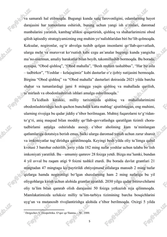 ing nafar qizlarga hamda nogironligi bo‘lgan shaxslarning ham 2 ming nafariga bu yil oliygohlarga kirish uchun alohida grantlar ajratildi. 2030 yilga qadar bitiruvchilarni oliy ta’lim bilan qamrab olish darajasini 50 foizga yetkazish reja qilinmoqda. mamlakatimizda uzluksiz milliy ta’lim-tarbiya tizimining barcha bosqichlarini uyg‘un va mutanosib rivojlantirishga alohida e’tibor berilmoqda. oxirgi 5 yilda bolalarimizni maktabgacha ta’lim bilan qamrab olish darajasi ilgarigi 27,7 foizdan 2 barobar ortib, 60 foizga yetgan, bog‘chalar soni esa 3 marta ko‘payib, 14 mingdan oshdi. qishloqlarda ishsiz yoshlarni bandligini ta’minlash maqsadida ularga 10 sotixdan 1 gektargacha yer maydonlari ajratish boshlandi. yoshlar o‘rtasida kambag‘allikni kamaytirish, ularni o‘zini o‘zi band qilishga rag‘batlantirishda “yoshlar daftari”, yoshlar dasturlari doirasida amalga oshirilmoqda. jumladan, “temir daftar”dagi oilalar farzandlari bo‘lgan 2 mingdan ziyod talabaning kontrakt pullari to‘lab berildi. yurtimizda ota-onasidan ajragan, mehrga muhtoj bolalarni qo‘llab-quvvatlash, ularning ta’lim-tarbiya olishi, ish joyi va uyiga ega bo‘lishi, jamiyatda munosib o‘rin topishi, “mehribonlik uylari”, maxsus maktab-internatlar va “bolalar shaharchasi”ning moddiy-texnik …