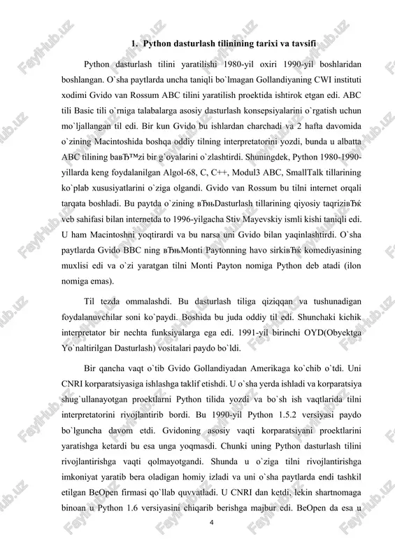 shunga o'xshash yozuv hosil bo'lsa unda hammasi joyida windows operatsion tizimiga o'rnatish uchun www.python.org/downloads web sahifasiga o'tamiz va u yerdan oxirgi python versiyasini yuklab olamiz. pythonni o'rnatish odatiy dasturlarni o'rnatish kabi kechadi. hech qanday qiyin joyi yo'q. python dasturlash tilining o`rnatuvchi paketini ustiga sichqoncha ko`ratkichini 2 marta bosamiz va bizga quyidagi oyna hosil bo`ladi. bu yerda install for all users-barcha foydalanuvchilar uchun. install just for me- faqat siz uchun, agar buni tanlab istalyatsiya qilsak yavђ™ni o`rnatsak windows vista operatsion sistemasida xatolik yuz beradi va dastur ishlamaydi. shuning uchun install for all users ni tanlaganimiz maqul. keyin next tugmasi bosamiz. bu yerda esa python dasturlash tilini qayerda o`rnatilishi ko`rsatilayapti. python o`rnatilyapti va bir necha sekunddan so`ng quyidagi oyna namoyon bo`ladi: bunda console rejimida dastur ishga tushib pip kutubxonasini qo`shadi. va dasturni o`rnatish muofaqqiyatli tugallandi. python dasturlash tilini yaratilishi 1980-yil oxiri 1990-yil boshlaridan boshlangan. o`sha paytlarda uncha taniqli bo`lmagan gollandiyaning cwi instituti …