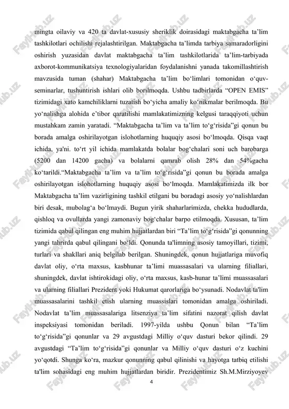 va hayotga tatbiq etilishi ta'lim sohasidagi eng muhim hujjatlardan biridir. prezidentimiz sh.m.mirziyoyev ta’kidlaganidek, “farzandlarimiz maktabda qanchalik bilimli bo‘lsa, yuqori texnologiyali iqtisodiyot shunchalik tez rivojlanadi, ijtimoiy muammolar ham hal bo ladi. shunday ekan, yangi o‘zbekiston ostonasi maktabdan boshlanadi, desam, bu fikrni butun xalqimiz qo‘llab-quvvatlaydi, deb o‘ylayman. o‘zbekiston respublikasi prezidentining 2019-yil 8-oktabrdagi ijtimoiy soha va iqtisodiyotni rivojlantirishga qaratilgan pf-5847-son qarori bilan tasdiqlangan o‘zbekiston respublikasining 2030- yilgacha oliy ta’lim tizimi muqaddima vazifasini o‘tamoqda. sir emaski, bugungi kunda dunyoning yetakchi universitetlari eng yirik ilmiy markazlar hisoblanadi. bugungi kunda yangi universitetlar va jahonning yetakchi universitetlarining filiallari tashkil etilmoqda. masalan, keyingi 4 yilda mamlakatimizda 47 ta yangi oliy ta’lim muassasasi, jumladan, xorijiy oliy ta’lim muassasalarining filiallari tashkil etilib, oliy ta’lim muassasalari soni 125 taga yetdi. nodavlat oliy ta'lim muassasalari davlat-xususiy sheriklik tizimi asosida tashkil etiladi. aholining fikrini o‘rganib chiqib, sirtqi va kechki ta’lim shakllari tiklandi va ko‘paydi. umumta’lim maktablari 2016-yildagi 9 foizdan 2020-yilda 25 foizga o‘sdi, …