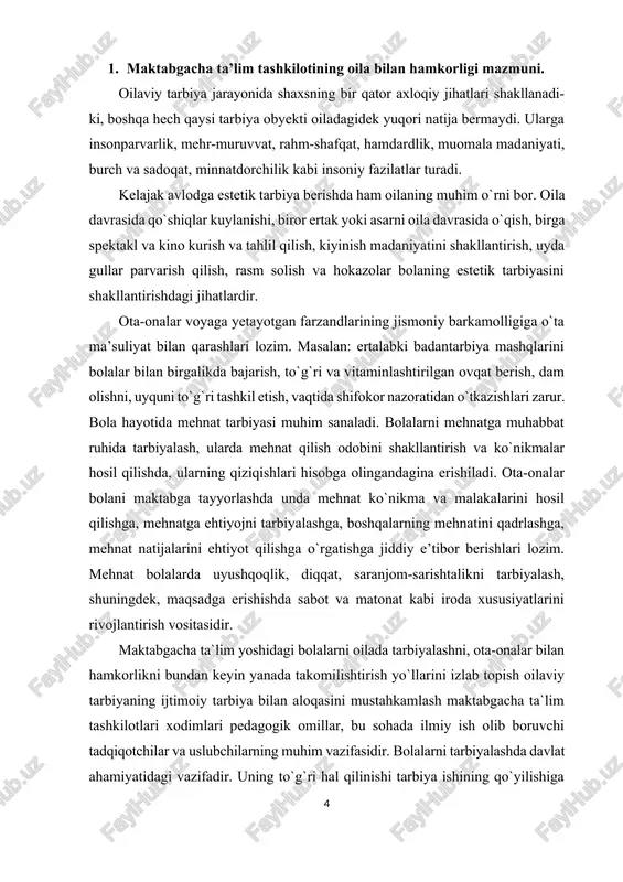 di. mttning asosiy pedagogik vazifasi – bolalarni yuksak ma’naviy-axloqiy ruhda tarbiyalash va ularni maktabda o`qishga har tomonlama tayyorlashda ota-onalarga muntazam ravishda yordam ko`rsatishdan iborat. maktabgacha ta`lim tashkiloti xodimlarining eng birinchi vazifasi – mtt tarbiyalanuvchilarining ota-onalari va oilasining boshqa a’zolari ongida bola tarbiyasida oila birinchi darajali ahamiyatga egaligi va har bir oila bolalarining faollashuvida oilaviy va ijtimoiy tarbiyaning birligiga erishilgandagina kutilgan natijaga olib kelishiga chuqur ishonch uyg`otishdir. mtt ota-onalarda pedagogik bilimlar asosini yaratadi. ularda tarbiya haqidagi fanga qiziqish uyg`otadi. o`z bilimlarini doimo kengaytirish istagini va unga intilish hissini uyg`otadi. keyinchalik esa maktab pedagogik umumta’limiga kirishib ketish hissini uyg`otadi. maktabgacha ta`lim tashkilotlarida ta’lim-tarbiyani har tomonlama, jumladan, ma’naviy, axloqiy, aqliy, estetik, jismoniy va mehnat tarbiyalari birgalikda olib borilib, bola maktabga chiqariladi. bola mttda olgan bilimlarini maktabda davom ettirishga shundagina qiynalmaydi. aql keng ma’noda sezish, idrok etishdan boshlanadigan tafakkur va xayolni o`z ichiga oladigan jarayondir. bolalarni maktabga tayyorlashda aqliy tarbiyaning o`rni katta. bilimlar zahirasini …