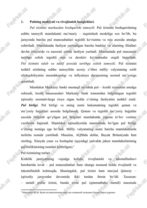 – biriga o‘zaro qarama – qarshi edi. shuningdek, rivojlangan tovar – pul munosabatlari sharoiti talablariga yetarli darajada javob bermas edi. pul tizimining bimetallizm shakli hukm surgan davri asosan xvi – xvii asrlarga to‘g‘ri keladi. yevropa mamlakatlarida 1866 yillarda bimetallizm pul tizimini saqlab qolish maqsadida kumushning qiymatini oltinga nisbati rasmiy belgilab qo‘yildi. unga ko‘ra, o‘sha paytda kumush va oltin o‘rtasida munosabat 15,5:1nisbatda o‘rnatildi. xix asrning o‘rtalarida ushbu tenglik o‘rtasida farq kengayib 22:1 tartibda belgilandi. buning natijasida oltin va kumush tangalar muomaladan chiqib, boylik jamg‘armasini bajara boshladi. jamiyatda tovar – pul munosabatlarining rivojlanishi va ijtimoiy – iqtisodiy yagona umumekvivalent vazifasini bitta metall pul bajarish zarurligini ko‘rsatdi. buning natijasida monometallizm pul tizimi shakllandi.[footnoteref:3] monometallizm pul tizimi sharoitida – bitta qimmatbaho metall (oltin va kumush, asosan oltin) umum ekvivalent vazifasini bajardi. shu bilan birga, pul timizining monometallizm davrida muomalaga oltin tangalarga maydalanadigan boshqa pul belgilari (xazina biletlari, banknotlar va mayda monetalar) ham kirib kela …