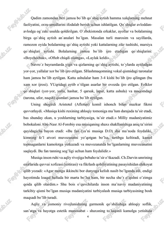 qali o’zbek xor san’ati tarixi, uning unikal jihatlarini ko’rsatish va milliy-madaniy taraqqiyotini ta’kidlash maqsadini o’z ichiga oladi. kurs ishining vazifasi. ushbu kurs ishida quyidagi vazifalarni belgilab oldim; · xor tushunchasi va uning kelib chiqish tarixi; · o’zbek xor madaniyatining shakllanishi; · o’zbekistonda xor madaniyati va rivojlanishi; · xor musiqasi tarixi: ushbu qadimiy san’at turining rivojlanishi. kurs ishining predmeti. xor madaniyati rivojlanishi va tarixini bosqichma bosqich o’rganib tahlil qilish. kurs ishining obyekti. tarixiy yodgorliklar va joriy madaniy fazilatlarini o’rganishga qaratilgan adabiyotlar. i bob. xor madaniyatining kelib chiqish tarixi, uning jamiyat hayotidagi o’rni va ahamiyati. 1.1 xor tushunchasi va uning kelib chiqish tarixi. xor grekcha “xoros” – “yig’ilish” ma’nosini bildiradi. qadimiy grek teatr spektakllarida qatnashuvchi ashulachilar “xorvetlar” nomi bilan yuritilgan. xor ijodiy uyushgan jamoa bo’lib, u ma’lum ovozga ega bo’lgan ijrochi xonandalardan tashkil topadi. uning xarakterli belgilaridan biri – bu xordan yakka tembrlarning qo’shilishidan hosil bo’ladigan o’ziga hos tembrdir. demak, xor deb …