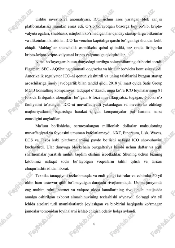 un to‘lovlar va qimmatli qog‘ozlar bilan operatsiyalarni hisob-kitob qilishni sezilarli darajada o‘zgartirib, shaffoflik, tekshiruvchanlik, tezkorlik va umuman, katta samaradorlikni ta'minlash imkoniyatiga ega ekanligiga aminlar . blokcheyn texnologiyasining moliyaviy bo‘lmagan dasturlari istiqbollari ham kengroq va haqiqatga aylanib bormoqda. jahon iqtisodiy forumi (wef) tomonidan o‘tkazilgan so‘nggi so‘rovga ko‘ra, aksariyat mutaxassislar va axborot-kommunikatsiya texnologiyalari sohasi rahbarlari 2025 yilgacha global yalpi ichki mahsulotning kamida 10 foizini blokcheyn platformalarida saqlashni kutishgan. deloitte maslahatchilari, aksincha, texnologiyani qabul qilish ancha tezroq sodir bo‘lishiga ishonishadi, chunki unga talab turli sektorlar tomonidan eshitiladi[footnoteref:1]. mutaxassislarning fikriga ko‘ra, ular kripto-valyutalarga emas, balki tarqatilgan daftar texnologiyasiga qiziqishmoqda: «garchi bitcoin blokcheyn tufayli amalga oshgan bo‘lsa-da, u hali ham juda ko‘p narsalarni qilishi mumkin. bizni ushbu boshqa imkoniyatlar qiziqtiradi. blockchain ko‘plab mavjud biznes modellarini buzishi mumkin. shunday qilib, bank ishi juda qiyin muammolarga duch kelishi sir emas. xarajatlarni sezilarli darajada pasaytirish va samaradorlikni oshirish imkoniyatini beradigan texnologiyani e'tiborsiz qoldirish mas'uliyatsizlik bo‘ladi "[footnoteref:2]. davlat idoralari …