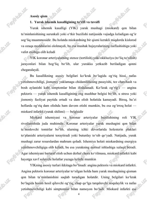 ta’siri yoki ba’zi dorilarning ta’siri natijasida rivojlanishi mumkin. bunday holatlar tez-tez qisqa muddatli angina pektoris (ko‘krak og‘rig‘i) belgilarini keltirib chiqaradi 2. yurak ishemik kasalligining sabablari va risk omillari yurak ishemik kasalligining risk omillari yurak ishemik kasalligining vujudga kelishiga olib keluvchi risk omillari ikki guruhga bo‘linadi: noqulay turmush tarzi bilan bog‘liq omillar va irsiy/genetik omillar. har bir guruhning alohida roli bor. no salomat ovozli hayot tarzi no salomat ovozli hayot tarzi — bu yikning eng muhim risk omillaridan biri hisoblanadi. jismoniy inaktivlik, sog‘insiz ovqatlanish va stress kabi omillar yurak-qon tomir sistemasini zaiflashtiradi va kasallikning rivojlanishiga sabab bo‘ladi. jismoniy inaktivlik — bu zamonaviy dunyoda keng tarqalgan muammo. odam tanasining doimiy harakatsizligi yurak mushaklarining sustlashishiga va metabolizm buzilishiga olib keladi. bundan tashqari, jismoniy faoliyatning kamayishi vazn ortishiga va metabolik sindromga sabab bo‘ladi, bu esa yana bir qator kasalliklarni, jumladan, arterial gipertenziya va diabetni chaqirib chiqaradi sog‘insiz ovqatlanish ham yurak ishemik kasalligining katta risk …