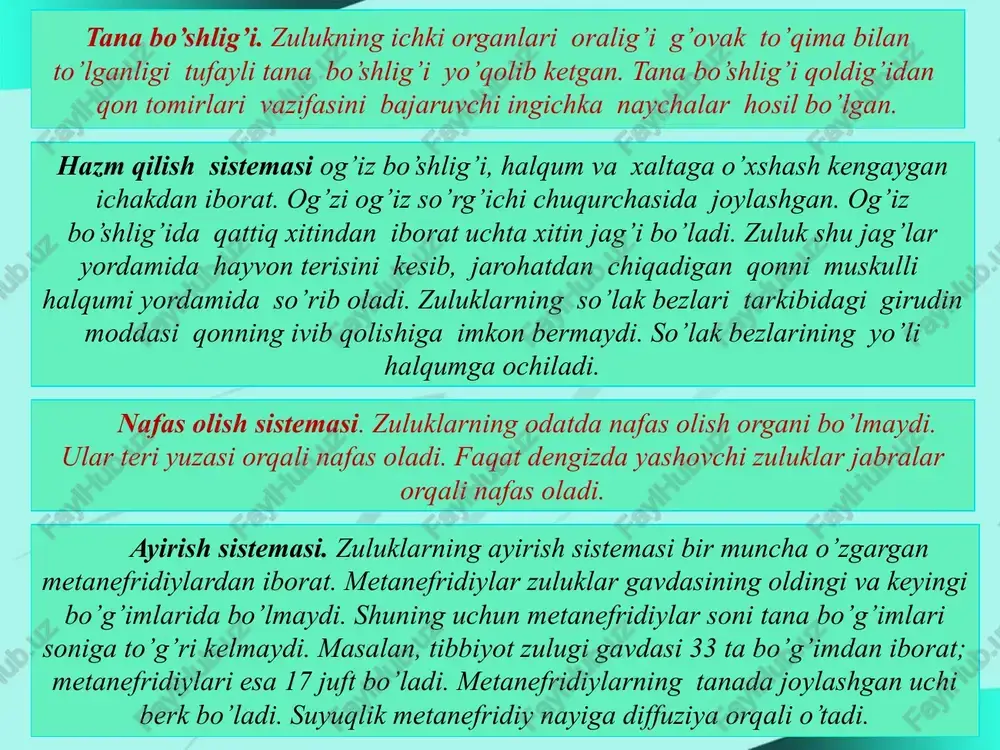 anmagan. passiv oziqlanadi. bu sinfga 20000 ga yaqin tur kiradi. bu sinfning tipik vakili baqachanoq (tishsiz) hisoblanadi. baqachanoq tubi ko’l va daryolar tubidagi qum yoki loyga tanasining oldingi uchi bilan ko’milib olib hayot kechiradi. suv tubida juda sekin harakatlanadi va o’zidan so’ng egatsimon iz qoldiradi. tuxumsimon chig’anog’ining uzunligi 20 sm ga etadi baqachanoqning gavdasi oyoq va tanadan iborat bo’lib, mantiya bilan o’ralgan. mantiya tananing ikki tomonidan burmaga o’xshash osilib turadi. mantiya bilan tanasi oralig’ida bo’shliq bo’lib, unda jabralar va oyo’q joylashgan; boshi yo’q. foydalanilgan darsliklar: 1.yarmonenko s.p. radiobiologiya cheloveka i jivotnix. m.: «visshaya shkola». 1988. 2.kudryashov. b. s, berenfel`d «osnovi radiatsionnoy biofiziki» m. «universitet» 1982. 3. to`raqulov yo. x. biokimyo t.: «o`qituvchi» 1998. 4.nikolaev a.ya. biologik ximiya. t.: «ibn sino» 1991 image9.jpeg image10.png image11.jpeg image12.jpeg image13.jpeg image14.jpeg image15.jpeg image16.jpeg image17.jpeg image18.jpeg image19.jpeg image20.jpeg image21.jpeg image22.jpeg image1.jpeg image2.jpeg image3.jpeg image4.jpeg image5.jpeg image6.jpeg image7.jpeg image8.jpeg /docprops/thumbnail.jpeg