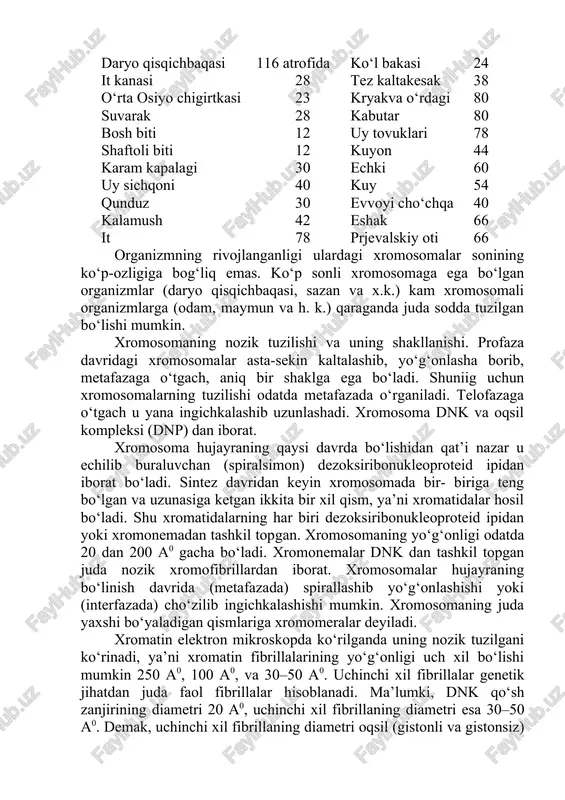 olmaydi. xromosomalarning uzunligi 0,2–5,0 µ, eni 0,2–3,0 µ bo‘lishi mumkin. ayrim hasharotlar va amfibiyalarning xromosomalari yirik, zamburug‘ va suv o‘tlarining xromosomalari esa mayda bo‘ladi. odam xromosomalarining kattaligi – 1 –10 µ ga teng. odatda bir turga mansub organizmlarda xromosomalar to‘plami doimo bir xil sonda bo‘ladi. hujayradagi xromosomalar shu hujayra xromosomalarining to‘plami deyiladi. ayrim organizmlarning xromosomalari soni chuchuk suv gidrasi 32 meva pashshasi 8 planariya 16 uy pashshasi 12 yomg‘ir chuvalchamgi 36 sazan 104 chig‘anoqli bog‘ mollyuskasi 24,48 olabug‘a 28 ot askaridasi 2,4 triton 24 daryo qisqichbaqasi 116 atrofida ko‘l bakasi 24 it kanasi 28 tez kaltakesak 38 o‘rta osiyo chigirtkasi 23 kryakva o‘rdagi 80 suvarak 28 kabutar 80 bosh biti 12 uy tovuklari 78 shaftoli biti 12 kuyon 44 karam kapalagi 30 echki 60 uy sichqoni 40 kuy 54 qunduz 30 evvoyi cho‘chqa 40 kalamush 42 eshak 66 it 78 prjevalskiy oti 66 organizmning rivojlanganligi ulardagi xromosomalar sonining ko‘p-ozligiga bog‘liq …