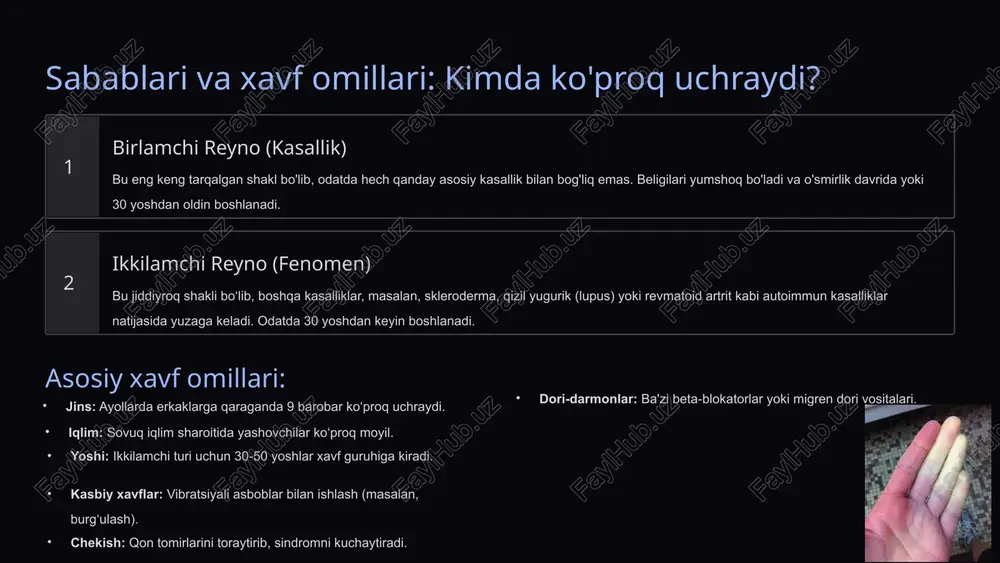 ni yaxshilaydi va umuman qon tomirlari sog'lig'ini mustahkamlaydi. 9 xulosa va savollar: mutaxassisga murojaat qiling reyno sindromi bilan yashash mumkin, ammo uning simptomlarini tushunish va kundalik hayotda tegishli choralarni ko'rish juda muhimdir. 10 millionlab insonlar dunyo bo'ylab reyno sindromidan aziyat chekuvchilar soni. asosiy maqsad teri rangining o'zgarishini kuzatish va tezda issiqlikni tiklash. 30% birlamchi holatlar bemorlarning katta qismida sindromning yengil shakli uchraydi. eslab qoling agar reyno hujumlari tez-tez takrorlansa yoki barmoqlaringizda yaralar paydo bo'lsa, zudlik bilan revmatolog yoki qon tomirlari shifokoriga murojaat qiling. 10 1. reyno sindromi qanday patologik holat bilan xarakterlanadi? a) arteriyalar devorining yallig‘lanishi b) mayda arteriyalar va arteriolalarning spazmi bilan c) qonning ivish tizimi buzilishi bilan d) limfa oqimining to‘xtashi bilan 2. reyno sindromining asosiy klinik bosqichlari to‘g‘ri ko‘rsatilgan qatorni belgilang: a) oqarganlik – qizarish – ko‘karish b) ko‘karish – shish – og‘riq c) oqarganlik – ko‘karish – qizarish d) og‘riq – oqarganlik – nekroz reyno sindromi …