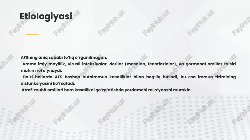 anachalar) va anti-dsdna musbat, siydikda oqsil va eritrotsitlar bor. savollar: qanday kasallikka xos belgilar kuzatilmoqda? bu kasallikda qaysi organlar eng ko‘p zararlanadi? qanday davo va nazorat choralarini tavsiya etasiz? vaziyatli masala: 28 yoshli erkak bemor 3 yildan beri bel sohasida doimiy og‘riq va qotishishdan shikoyat qiladi. og‘riq dam olayotganda kuchayadi, jismoniy harakatdan so‘ng esa kamayadi. tongda 30 daqiqalik qotishish kuzatiladi. qo‘shimcha ma’lumotlar: rentgenogrammada sakroileit aniqlangan, hla-b27 antigen musbat. savollar: ehtimoliy tashxisni aniqlang. bu kasallikning asosiy patogenezi nimada? qanday davolash usullari qo‘llaniladi? e'tiboringiz uchun rahmat