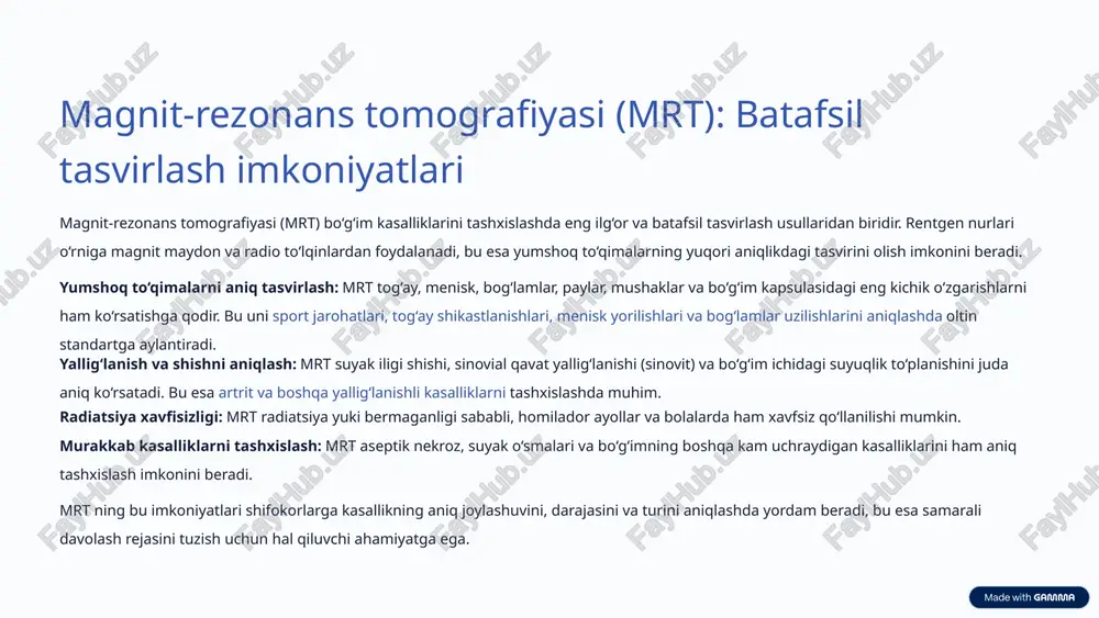 irlash usullari bilan bir qatorda laboratoriya tahlillari ham muhim rol o‘ynaydi. ular kasallikning sababini, yallig‘lanish darajasini va davolash samaradorligini baholashga yordam beradi. qon tahlillari: yallig‘lanish markerlari: eritrotsitlar cho‘kish tezligi (echt) va s-reaktiv protein (crp) darajasi organizmdagi yallig‘lanish jarayonining umumiy ko‘rsatkichlaridir. ularning oshishi yallig‘lanishli artritlar (masalan, revmatoid artrit) mavjudligidan dalolat berishi mumkin. revmatoid faktor (rf) va anti-siklik sitrullinlangan peptid antitanachalari (acpa): bu spetsifik markerlar revmatoid artritni tashxislashda juda muhimdir. acpa hatto kasallikning dastlabki bosqichlarida ham aniqlanishi mumkin. siydik kislotasi darajasi: siydik kislotasining qonda ko‘payishi podagra (artritning bir turi) rivojlanishiga olib keladi. antinuklear antitanachalar (ana) va anti-dsdns: bu antitanachalar tizimli qizil yugurik kabi autoimmun kasalliklarni aniqlashda qo‘llaniladi. hla-b27 geni: ushbu genning mavjudligi ankilozlovchi spondilit va boshqa spondiloartritlar bilan bog‘liq bo‘lishi mumkin. bo‘g‘im suyuqligi tahlillari: bo‘g‘im ponksiyasi orqali olingan suyuqlikni tahlil qilish juda qimmatli ma'lumot beradi: hujayra tarkibi: leykotsitlar sonining oshishi yallig‘lanish yoki infeksiya mavjudligini ko‘rsatadi. kristallar: mononatriy urat kristallari (podagrada) yoki kalsiy …