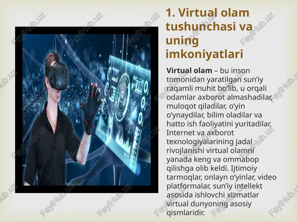 borot va videolarga cheksiz qiziqish bu holatlar insonning vaqtini bekor sarflashiga va real hayotdagi ijtimoiy aloqalarini zaiflashishiga olib keladi. qaramlikning shakllari quyidagilardan iborat:  3. virtual qaramlikning salbiy oqibatlari (psixologik, jismoniy, ijtimoiy) virtual olamga haddan tashqari bog‘lanish inson salomatligi va ijtimoiy hayotiga salbiy ta’sir ko‘rsatadi. eng asosiy oqibatlari quyidagilardan iborat: 11 psixologik oqibatlar: depressiya, xavotir, yolg‘izlik hissi, diqqatning pasayishi.jismoniy oqibatlar: ko‘zning charchashi, bosh og‘rig‘i, bel va orqa og‘riqlari, uyqusizlik.ijtimoiy oqibatlar: oila va do‘stlar bilan aloqa susayishi, o‘qish yoki ishdagi faoliyatning pasayishi, ijtimoiy izolyatsiya. bu holatlar insonning hayot sifati va ruhiy holatini yomonlashtiradi, ba’zida esa professional yoki shaxsiy muvaffaqiyatsizliklarga olib keladi.  internetga qaramlik fenomenini tadqiqotchilar bir necha marta tavsiflab berishdi. bunda olimlar ijtimoiy tarmoqlarga qaramlikni alohida guruhga kiritishadi — «kiber-munosabatlar»ga qaramlik: chatda, telekonferensiyalarda aloqada bo‘lish, oxir-oqibat, haqiqiylari o‘rniga virtual do‘st va oilalarni almashtirishigacha olib kelishi mumkin. tadqiqotchilar ta’kidlashicha, qidiruv, muloqot, virtual flirt, shuningdek, eski tanishlar, sobiq kursdosh va sinfdoshlari hayotidagi …