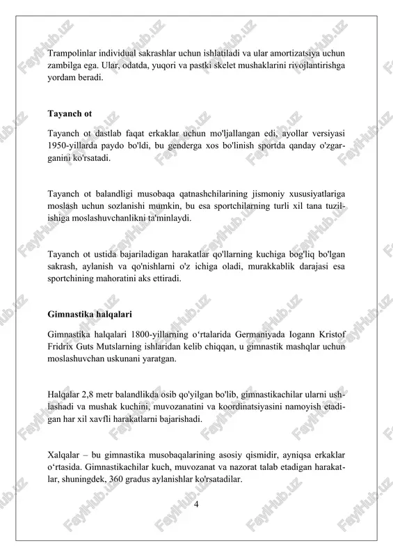 apparat va ayollar uchun 4 ta apparat boʻyicha musobaqalar oʻtkaziladi. sport gimnastikasi sport gimnastikasi 19-asrda germaniyada asos solingan, dastlab erkaklar uchun mo'ljallangan mashqlar majmuasi sifatida paydo bo'lgan bo'lib, kuch va epchillikni rivojlantirishga qaratilgan edi. sport gimnastikasi bo'yicha musobaqalar olimpiya o'yinlari dasturiga 1896-yilda kiritilgan, dastlab faqat erkaklar ishtirok etgan, ayollar esa 1928-yildan boshlab qatnasha boshlagan. sport gimnastikasida 6 ta tur erkaklar uchun (pol, ot, halqalar, tayanch sakrashi, parallel brus, turnik) va 4 ta ayollar uchun (tayanch sakrashi, notekis bruslar, to'sin, pol mashqlari) mavjud. badiiy gimnastika badiiy gimnastika 20-asrning boshlarida paydo bo'lgan, o'sha paytda bu raqs elementlari va badiiy harakatlar bilan uyg'unlashgan gimnastika mashqlarining bir turi edi. badiiy gimnastika bo'yicha musobaqalar 1984-yildan beri olimpiya o'yinlari dasturiga kiritilgan, bunda yakka tartibdagi va guruh mashqlari bo'yicha medallar uchun kurash olib boriladi. badiiy gimnastikada gimnastikachilar lenta, halqa, to'p, tayoqcha va arqon kabi 5 xil predmetlar bilan chiqishadi, ularning har biri alohida mahorat va uslubni talab …