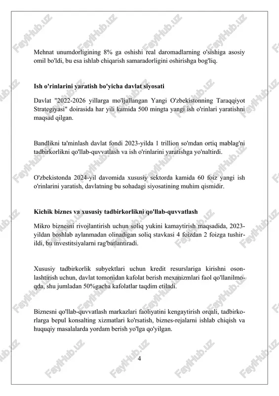 unumdorlikni pasaytiradi. mehnat migrantlarining iqtisodiy ta'siri nafaqat pul o'tkazmalari bilan cheklanib qolmay, balki xorijiy tajriba orttirib qaytganlarning biznes boshlash qobiliyatini oshiradi, bu esa 15% gacha yangi korxonalar sonini ko'paytiradi. ijtimoiy himoya va kambag'allikka qarshi kurash 2023-yilda ijtimoiy himoya dasturlari doirasida 1,5 milliondan ortiq kam ta'minlangan oilalarga 500 milliard so'mdan ziyod moddiy yordam ko'rsatildi. kambag'allikka qarshi kurash strategiyasi 2030-yilgacha mo'ljallangan bo'lib, aholi daromadlarini 2 barobar oshirish va ishsizlikni 5% gacha kamaytirishni maqsad qilgan. mahallabay ishlash tizimi orqali 9 mingdan ortiq mahallada ijtimoiy himoya va kambag'allikni qisqartirish bo'yicha manzilli chora-tadbirlar amalga oshirilmoqda. raqamli iqtisodiyot va yangi ish o'rinlari raqamli iqtisodiyotda yangi ish o'rinlari dasturlash, ma'lumotlar tahlili va kiberxavfsizlik kabi yuqori malakali sohalarda 2024-yilga kelib sezilarli o'sishni ko'rsatmoqda. elektron tijoratning rivojlanishi logistika, marketing va mijozlarga xizmat ko'rsatish sohalarida 50 mingdan ortiq yangi ish o'rinlarini yaratadi, tadbirkorlikni rag'batlantiradi. sun'iy intellekt va avtomatlashtirish ba'zi ish o'rinlarini qisqartirishi mumkin, lekin yangi ai muhandislari va texnik xizmat …