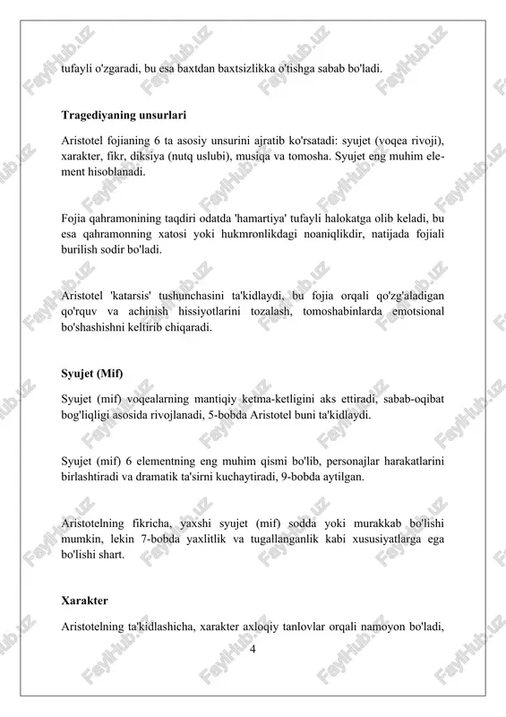 ga qo'shgan 1480-1490-yillarda yozilgan muhim hissasi sifatida e'tirof etiladi. epik poeziya epik she'riyat voqealarni hikoya qiladi, ko'pincha qahramonlarning 12 ta asosiy sarguzashtlari haqida, ular ulkan miqyosda namoyon bo'ladi. aristotel epik she'riyatning 24 ta kitobdan ortiq bo'lmasligini ta'kidlaydi, chunki haddan tashqari uzunlik diqqatni tarqatadi va yaxlitlikni yo'qotadi. epik she'riyatda murakkab syujetlar muhim, ular peripetiya (burilish nuqtasi) va 3 ta tan olish elementlarini o'z ichiga olishi kerak. bu tomoshabinni jalb qiladi. poetikaning ta'siri aristotelning “poetika” asari 15-16-asrlarda uyg'onish davrida qayta kashf etilib, yevropa adabiyot nazariyasiga katta ta'sir ko'rsatdi, dramatik janrlar shakllanishiga turtki berdi. ushbu asar tragediya va komediya kabi janrlarning asosiy tamoyillarini belgilab berdi, masalan, 'uch birlik qoidasi' dramatik asarlarga strukturaviy cheklovlar qo'ygan muhim tushuncha bo'ldi. “poetika”ning ta'siri nafaqat adabiyot bilan cheklanib qolmay, balki kino va televidenie kabi zamonaviy hikoyachilik shakllarida ham o'z aksini topgan, ko'plab ssenariylarga ta'sir ko'rsatgan. xulosa “xulosa” aristotelning “poetika” asarida tragediyaning 6 ta asosiy elementining (syujet, xarakter, fikr, …